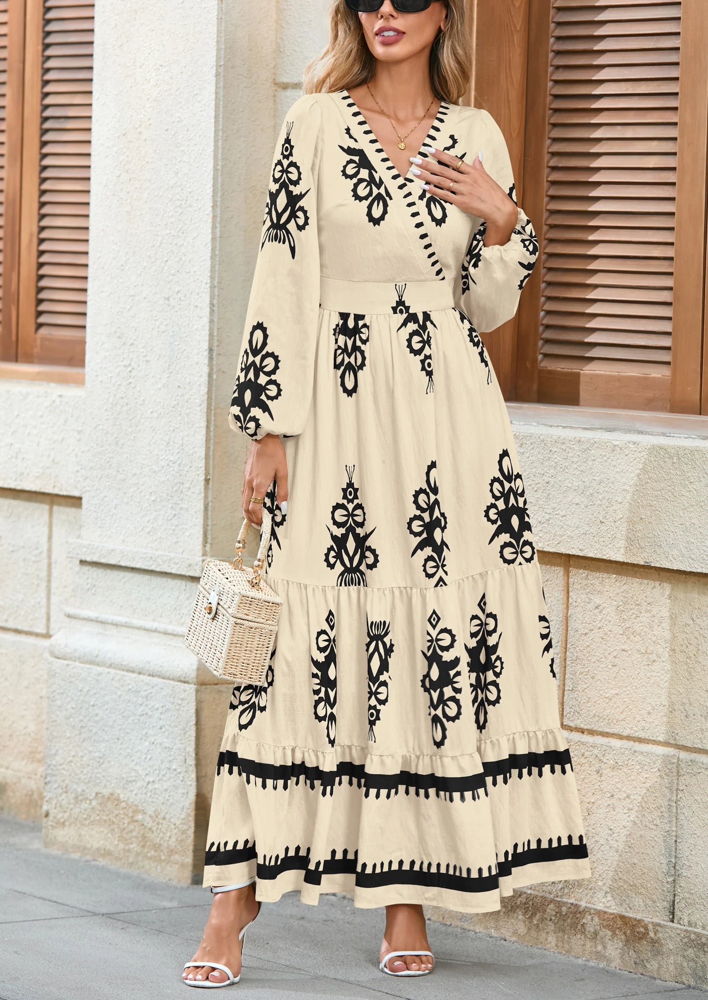 Women's Fall Wedding Guest Dresses Boho Floral Long Sleeve V Neck Flowy Elegant Maxi Dress Beach Clothes