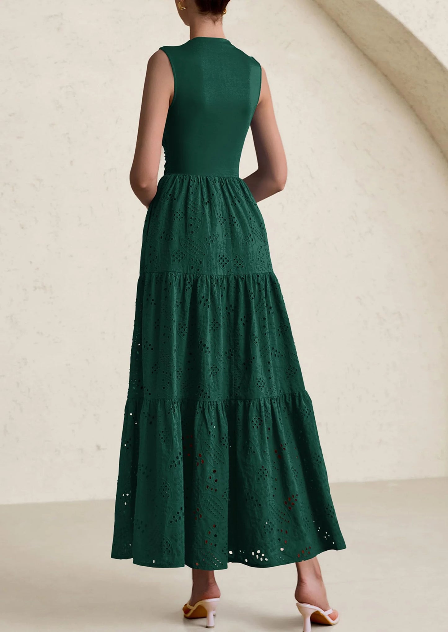 Dresses for Women Casual Eyelet Sleeveless Wedding Guest Maxi Dress Tank Top Sundress with Pockets