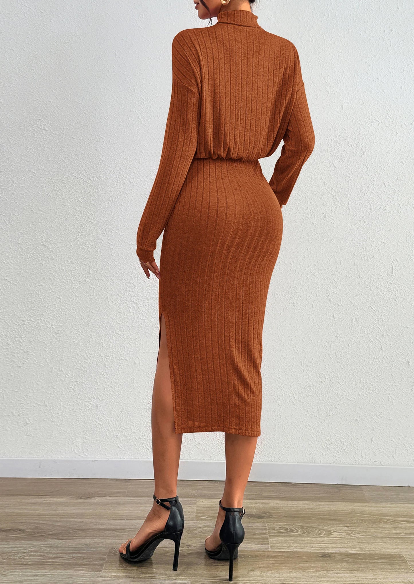 Turtle Neck Dresses for Women Fall Knit Outfits Slit Elastic Waist Long Sleeve Bodycon Midi Sweater Dress