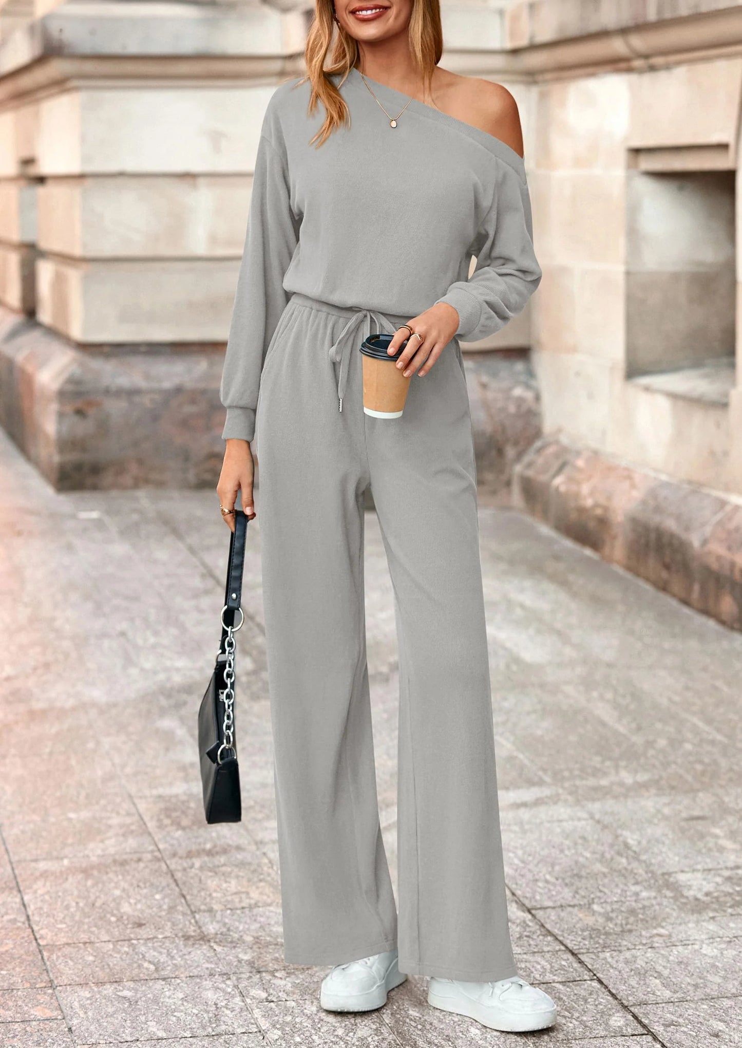 Long Sleeve Jumpsuit For Women Dressy Off Shoulder One Piece Loose Wide Leg Jumpsuits Casual Flowy Romper