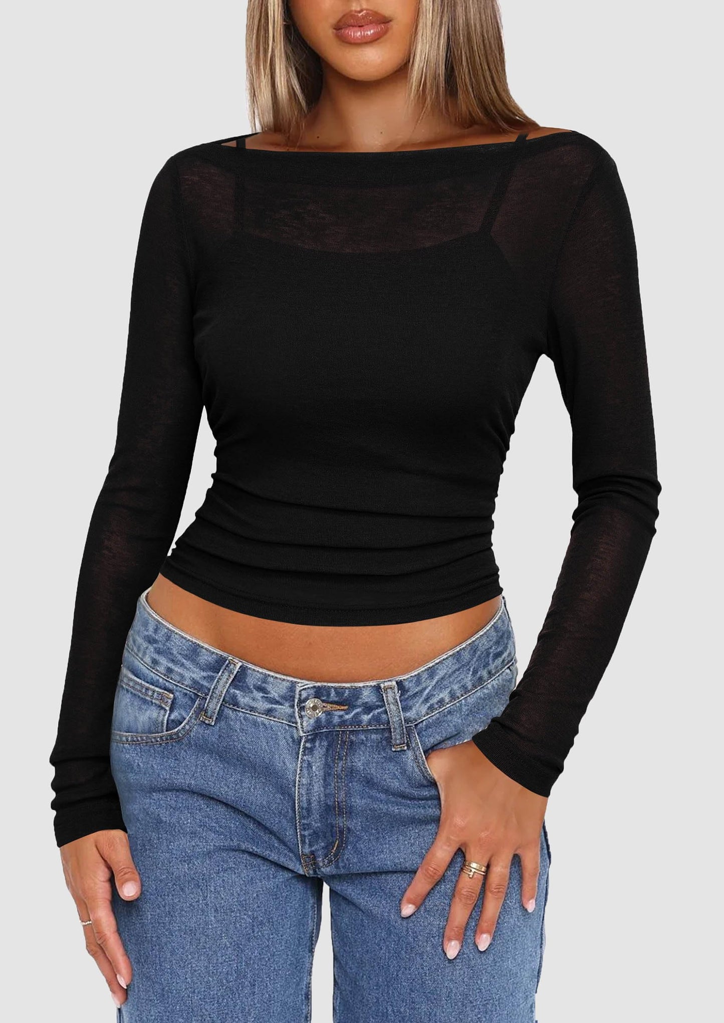 Women's Long Sleeve Sheer Crop Tops Boat Neck See Through Cover Up with Spaghetti Strap Camisole 2 Piece Blouses