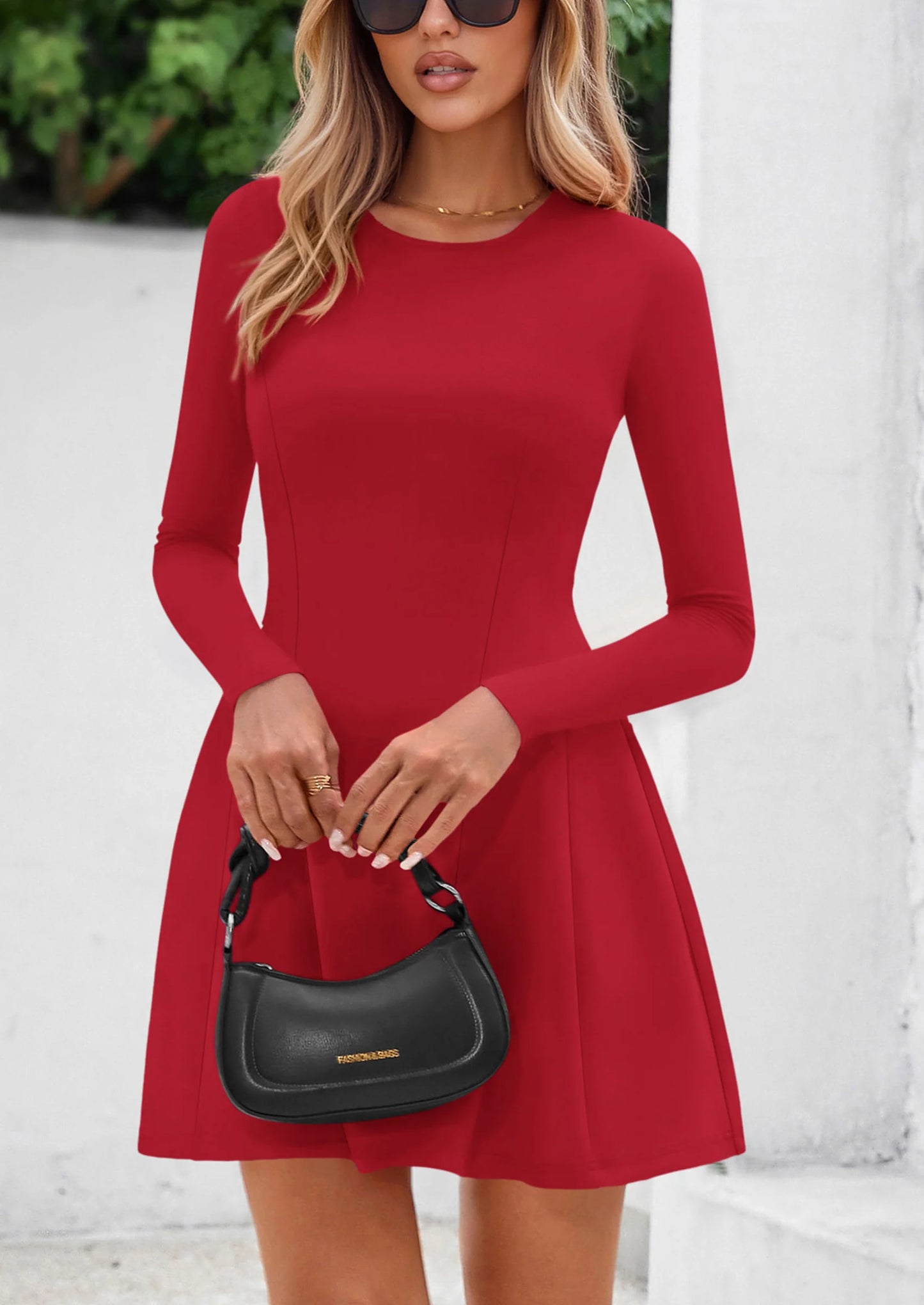 Long Sleeve Mini Dress for Women Fall Crewneck Knit Pleated Babydoll A Line Soft Casual Short Party Dresses