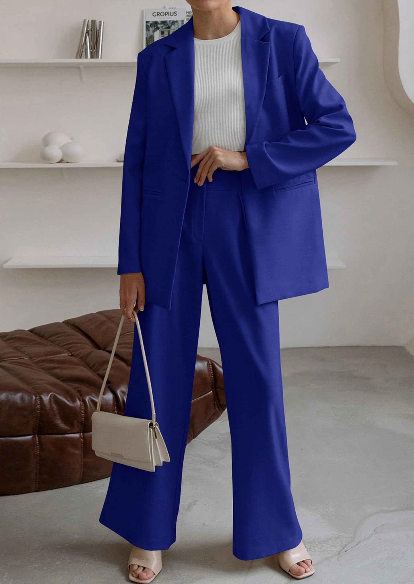 Women's Fall Two Piece Outfits Dressy Blazer Jacket and Wide Leg Pants Pockets Business Casual Office Suit Sets
