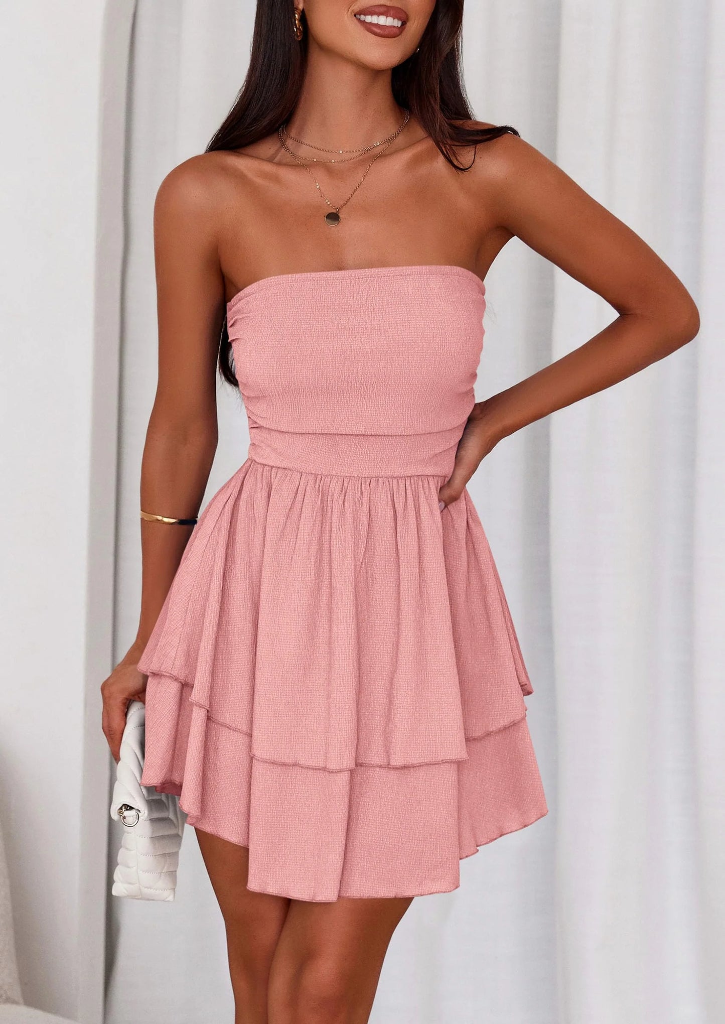 Women's Summer Strapless Tube Mini Dress Off Shoulder Smocked Ruffle A Line Flowy Short Party Club Dresses