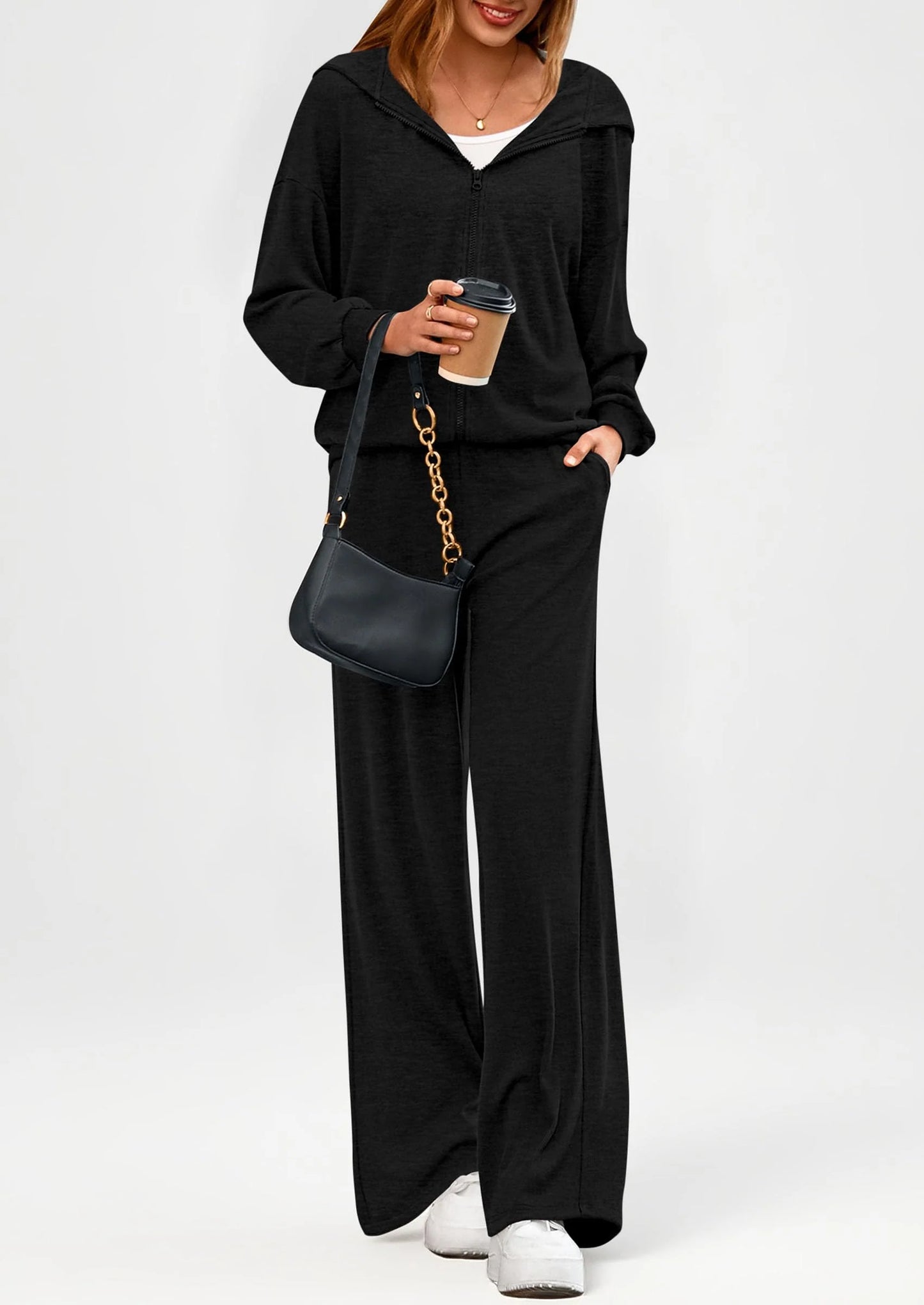 Women's 2 Piece Fall Lounge Sets Zip Up Hoodie Wide Leg Pants Tracksuit Matching Travel Outfits Clothes
