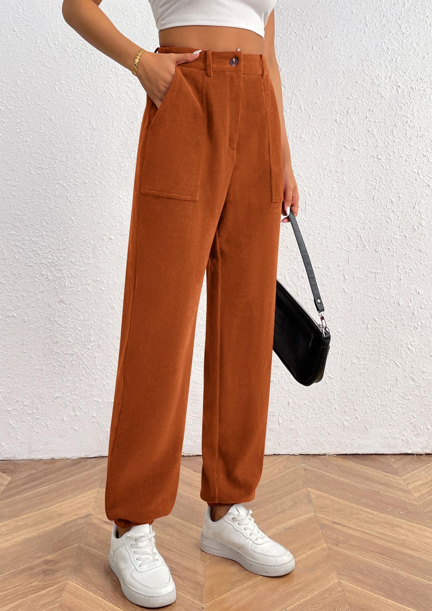 Women's Pants Dressy Casual Fall Elastic High Waisted Work Office Corduroy Trouser Slacks with Pockets