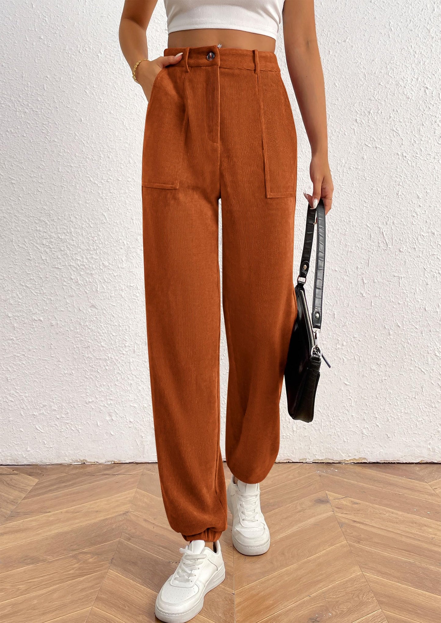 Women's Pants Dressy Casual Fall Elastic High Waisted Work Office Corduroy Trouser Slacks with Pockets