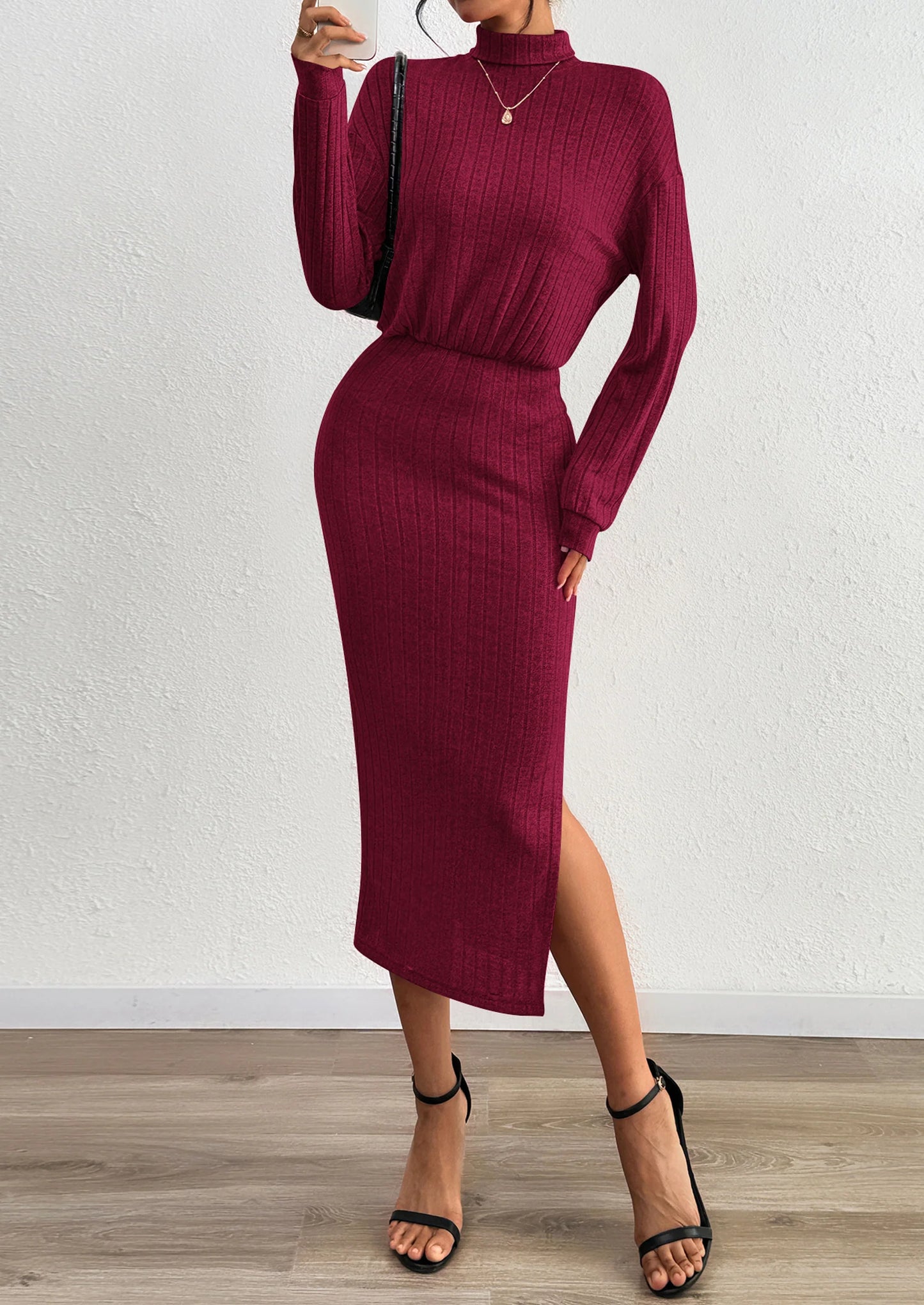 Turtle Neck Dresses for Women Fall Knit Outfits Slit Elastic Waist Long Sleeve Bodycon Midi Sweater Dress