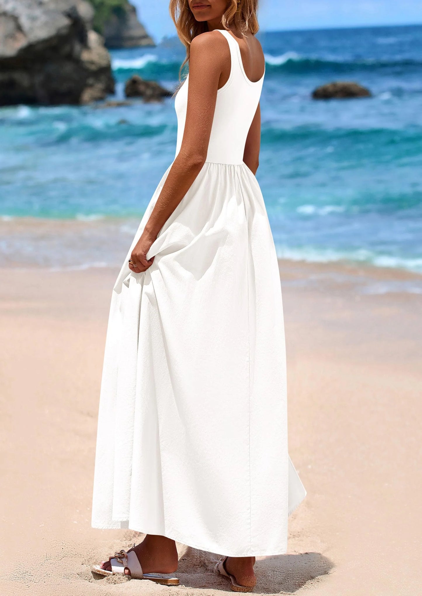 Womens Summer Casual Scoop Neck Sleeveless Long Dresses Tank Top Patchwork Aline Swing Maxi Dress with Pockets