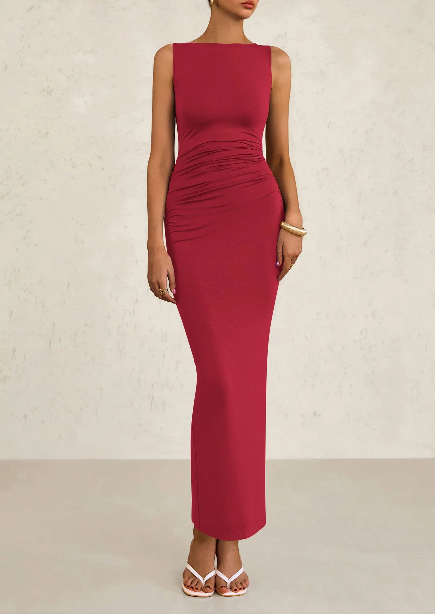 Women's Semi Formal Midi Dresses Sleeveless Ruched Bodycon Long Elegant Cocktail Wedding Guest Dress