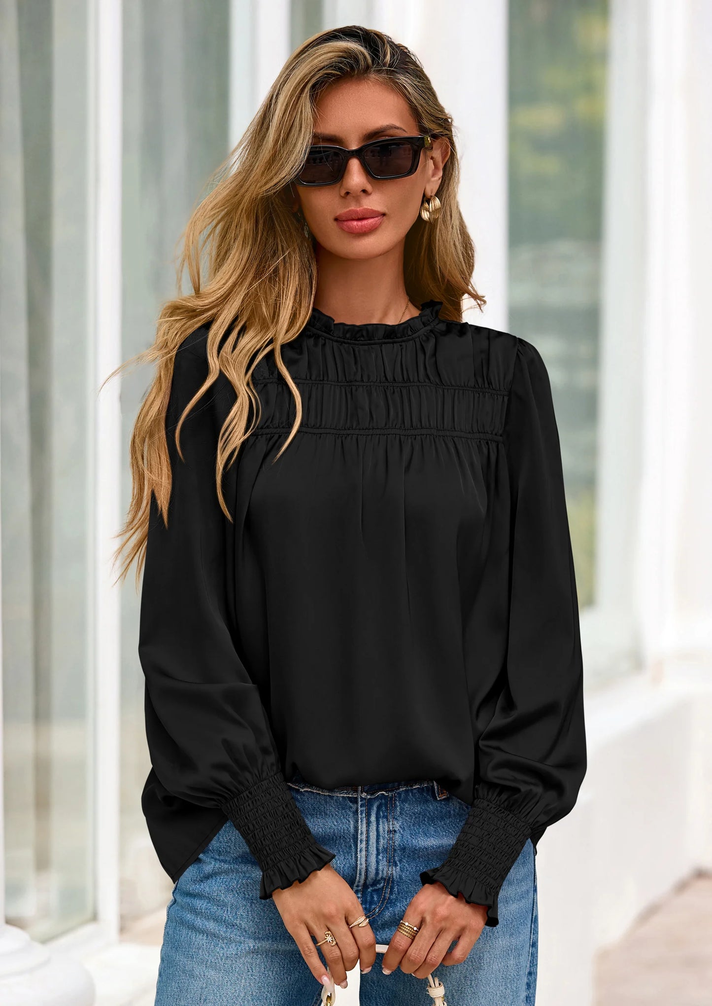 Blouses for Women Dressy Casual Fall Outfits Frill Neck Long Sleeve Shirts Satin Work Business Casual Tops