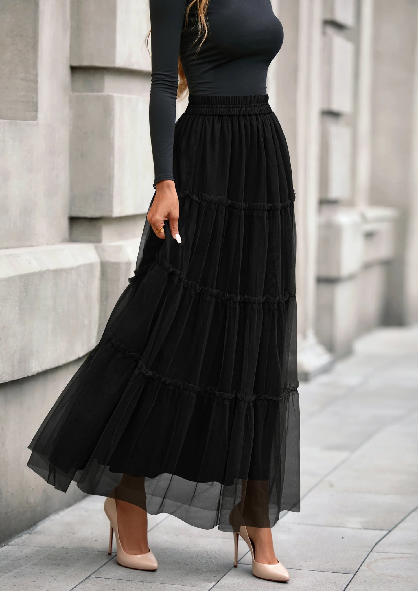 Maxi Skirts for Women Fall Tulle High Waisted Ruffle Flowy A-Line Long Skirt Country Concert Outfits