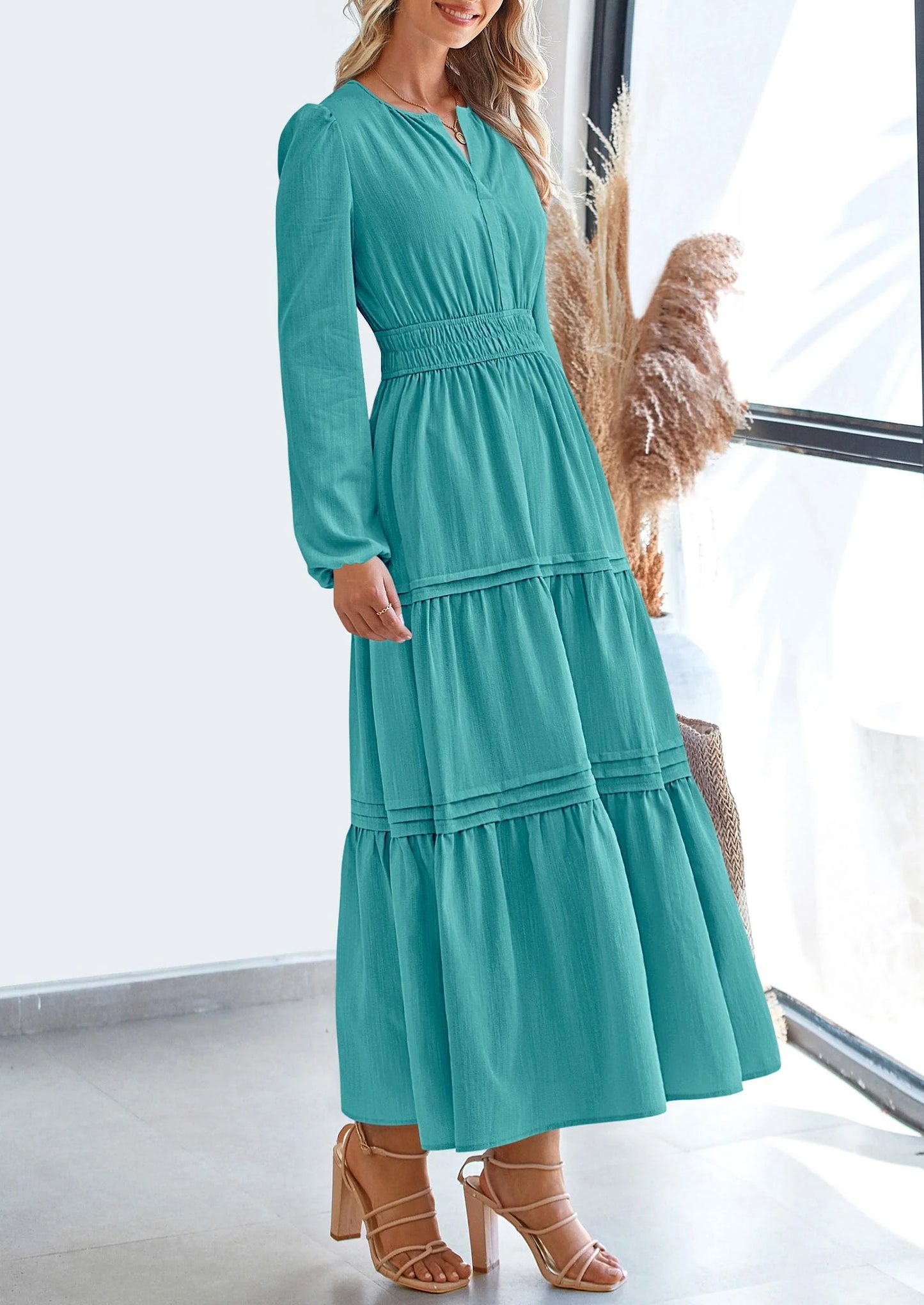 Women's Elegant Maxi Dresses Long Sleeve V Neck Flowy Pockets Casual Modest Dress Fall Fashion Clothes
