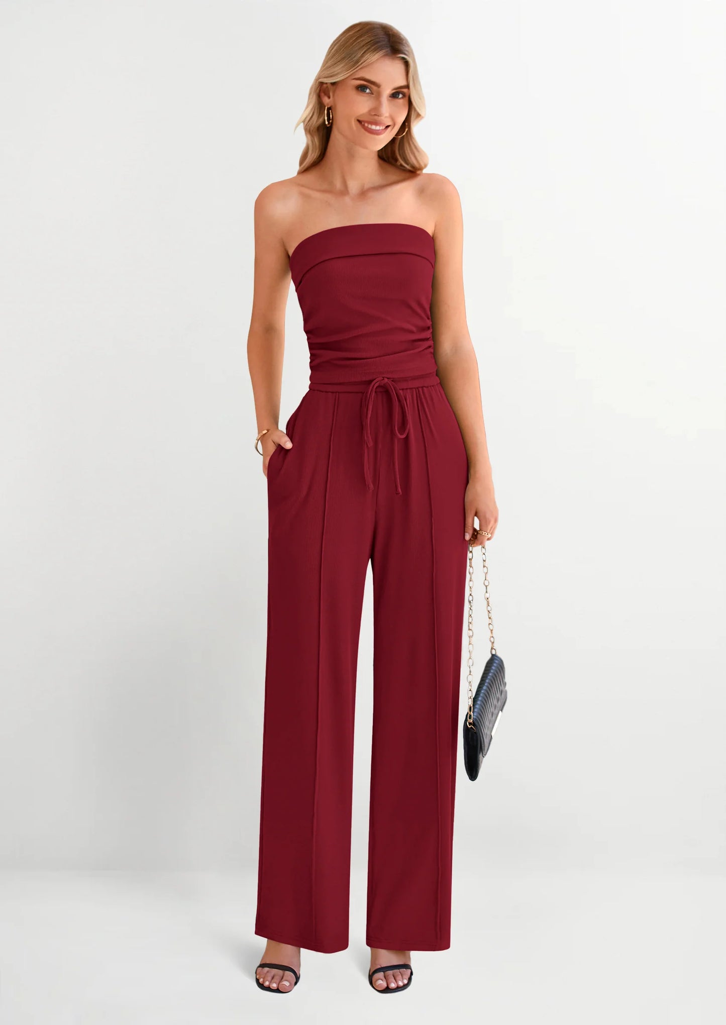 2 Piece Sets Casual Ribbed Knit Crop Tube Top Wide Leg Pants Lounge Set
