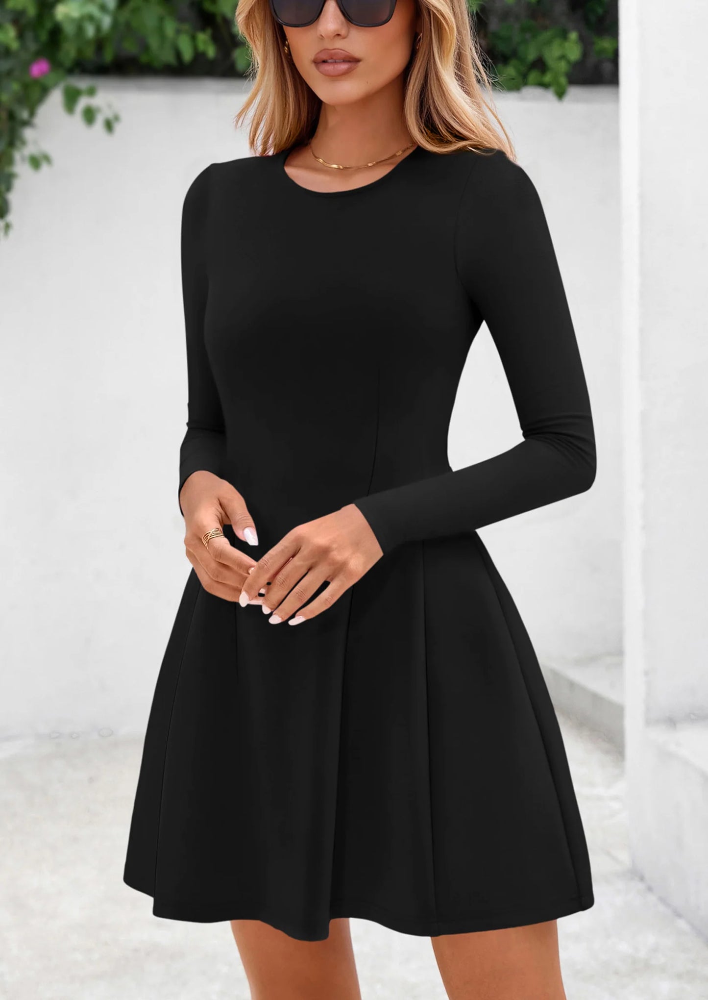 Long Sleeve Mini Dress for Women Fall Crewneck Knit Pleated Babydoll A Line Soft Casual Short Party Dresses