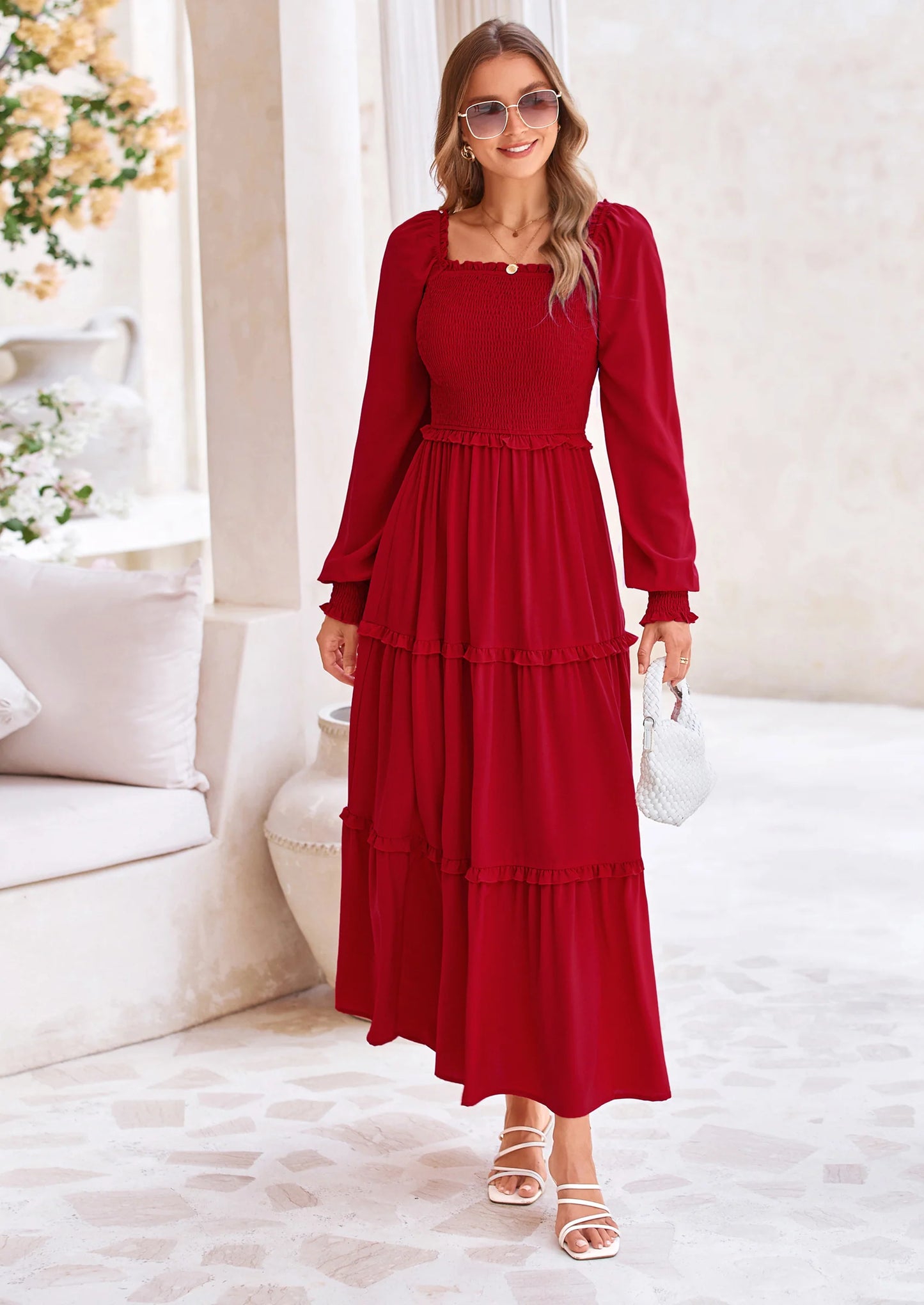 Fall Wedding Guest Dresses for Women Long Sleeve Square Neck Tiered A Line Modest Elegant Flowy Dresses