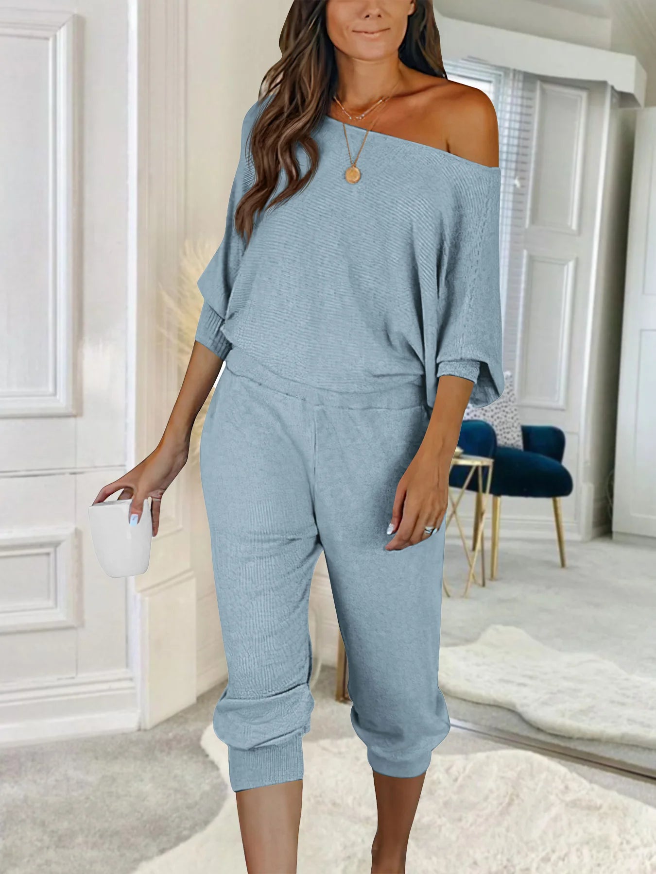 Women's 2 Piece Ribbed Tracksuit Outfits Off Shoulder Long Sleeve Pullover Lounge Pants with Pockets