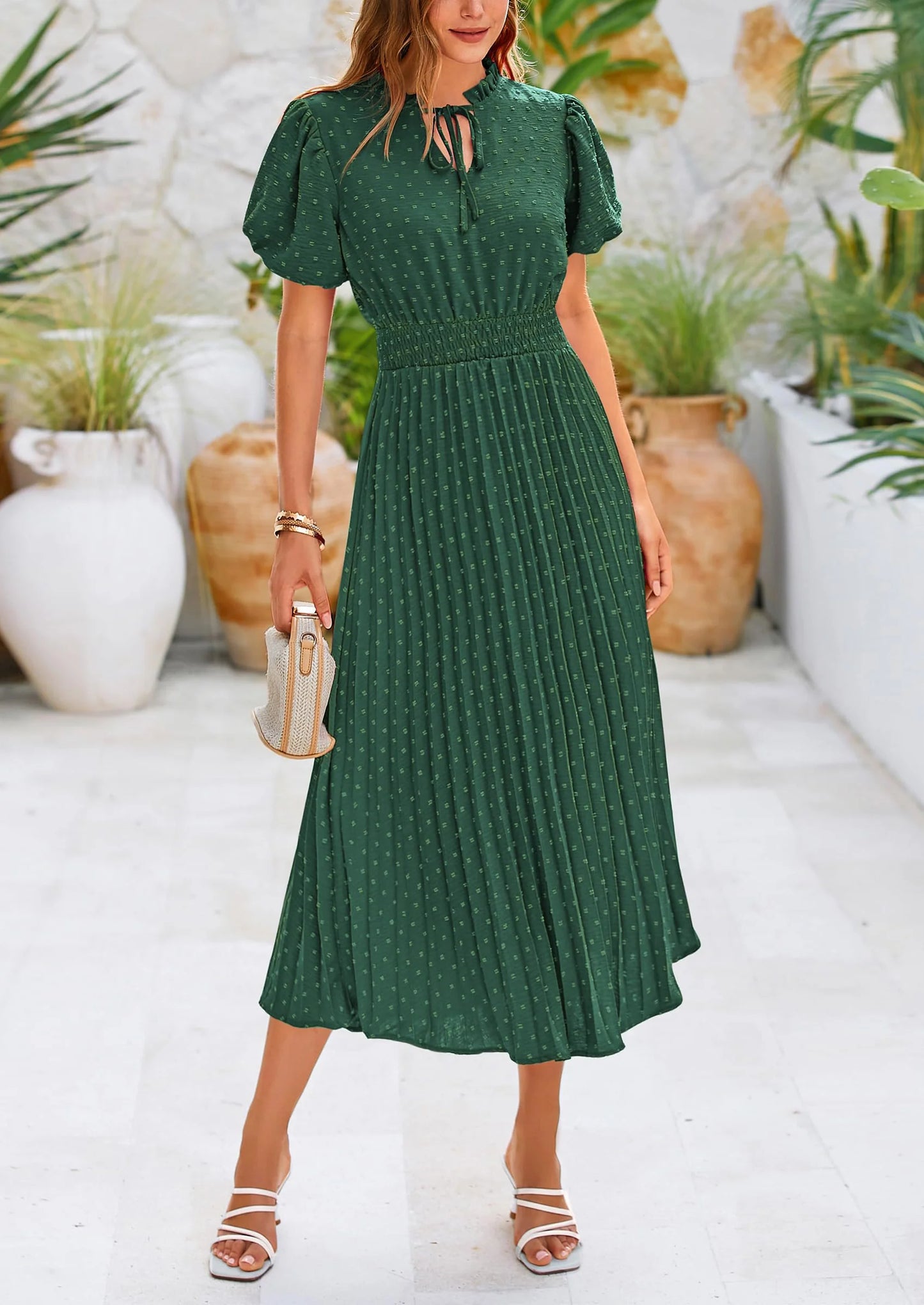 Womens Midi Dresses Puff Short Sleeve V Neck Swiss Dot Pleated A Line Flowy Long Wedding Guest Dress