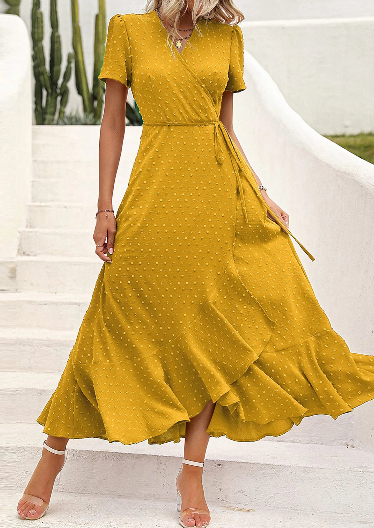 Women's Summer Maxi Dress Casual Wrap Floral Boho Short Sleeve V Neck Split Ruffle Beach Long Dresses