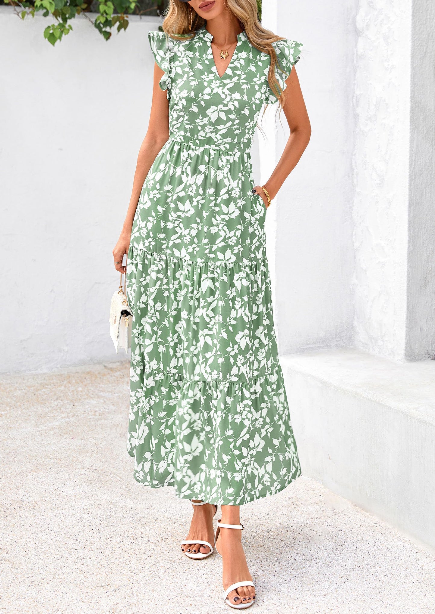 Women's Summer Floral Midi Dress Cap Sleeve V Neck Ruffle Long Flowy Boho Casual Beach Vacation Dresses