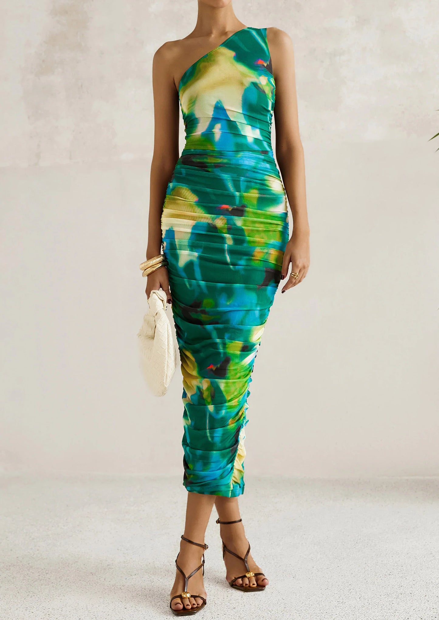 Women's One Shoulder Bodycon Dresses Ruched Floral Beach Cocktail Wedding Guest Dress