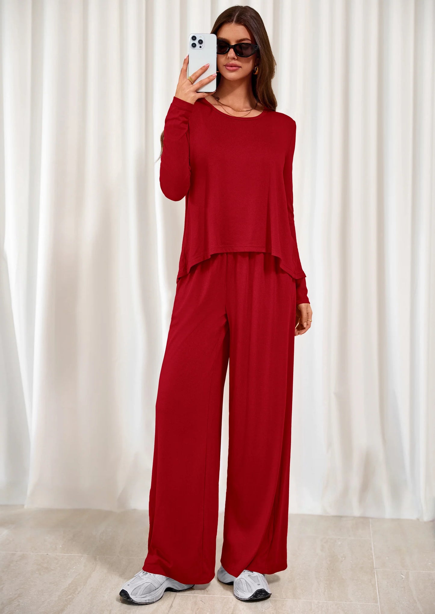 Women's 2 Piece Fall Sets  Casual Long Sleeve Shirts Wide Leg Pants Lounge Travel Outfits Fashion Clothing