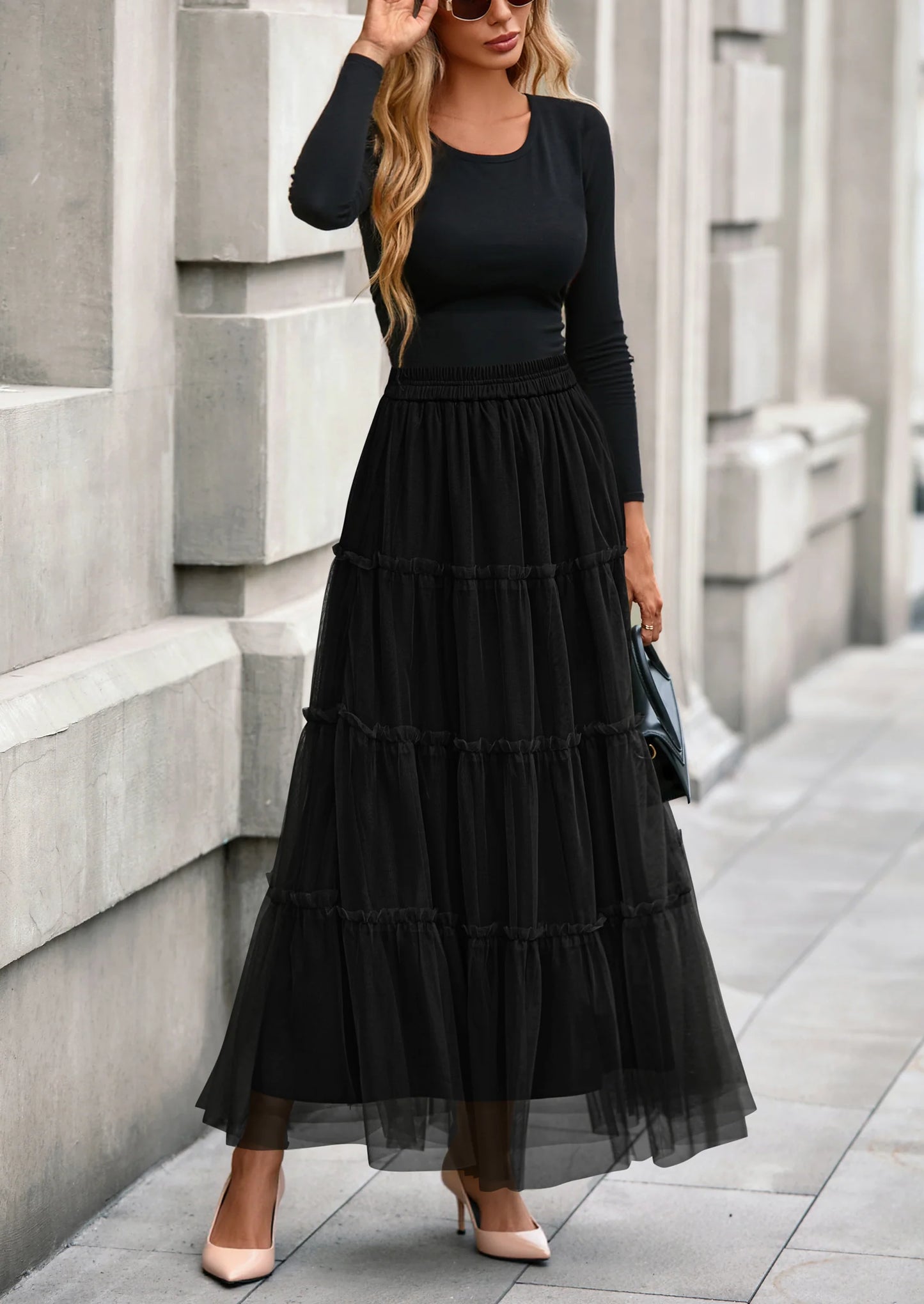 Maxi Skirts for Women Fall Tulle High Waisted Ruffle Flowy A-Line Long Skirt Country Concert Outfits