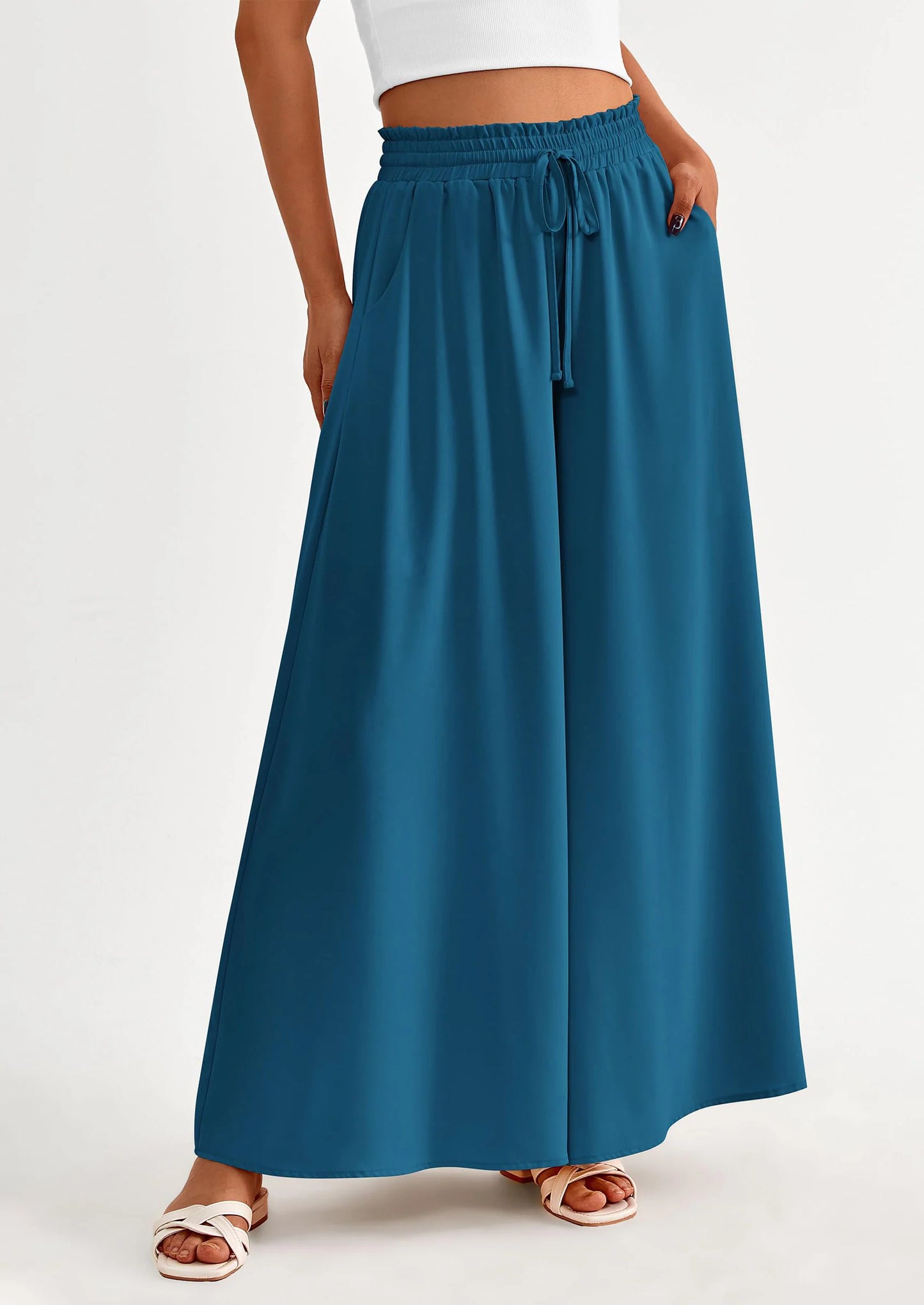 Women's Summer Wide Leg Palazzo Pants High Waisted Flowy Pockets Trendy Casual Lounge Boho Beach Trousers