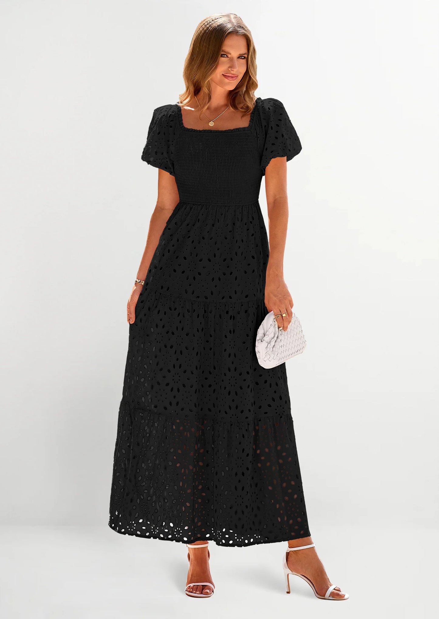 Dresses for Women Eyelet Square Neck Puff Sleeve Smocked Wedding Guest Maxi Dress with Pockets