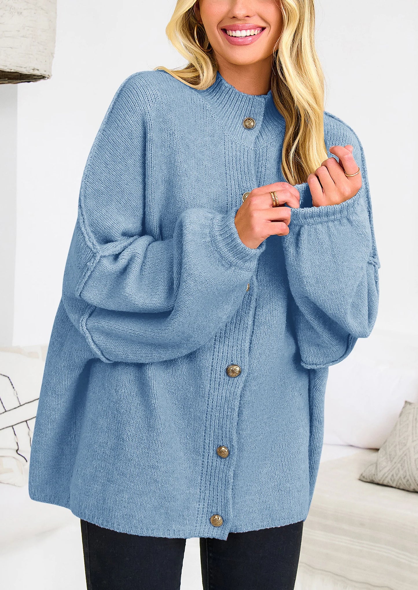Women's Winter Button Down Cardigan Sweaters Mock Neck Lantern Long Sleeve Chunky Knit Jacket Trendy Outerwear