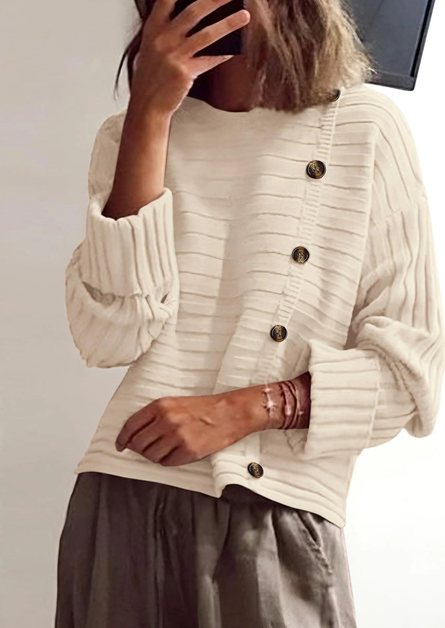 Womens Sweaters Fall Casual Long Sleeve Crewneck Button Loose Winter Knit Pullover Sweater Tops