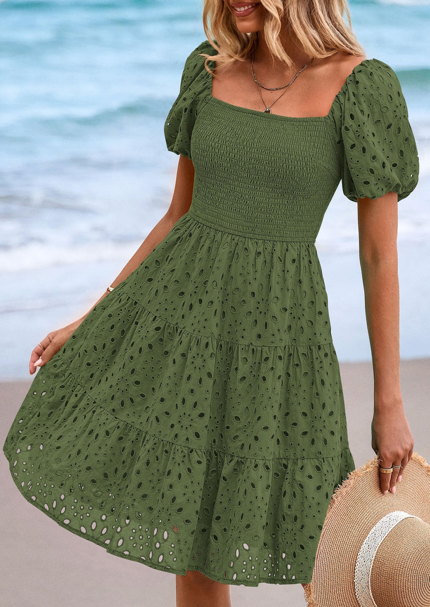 Womens Summer Puff Sleeve Mini Dress Off Shoulder Eyelet Smocked A Line Casual Babydoll Short Dresses