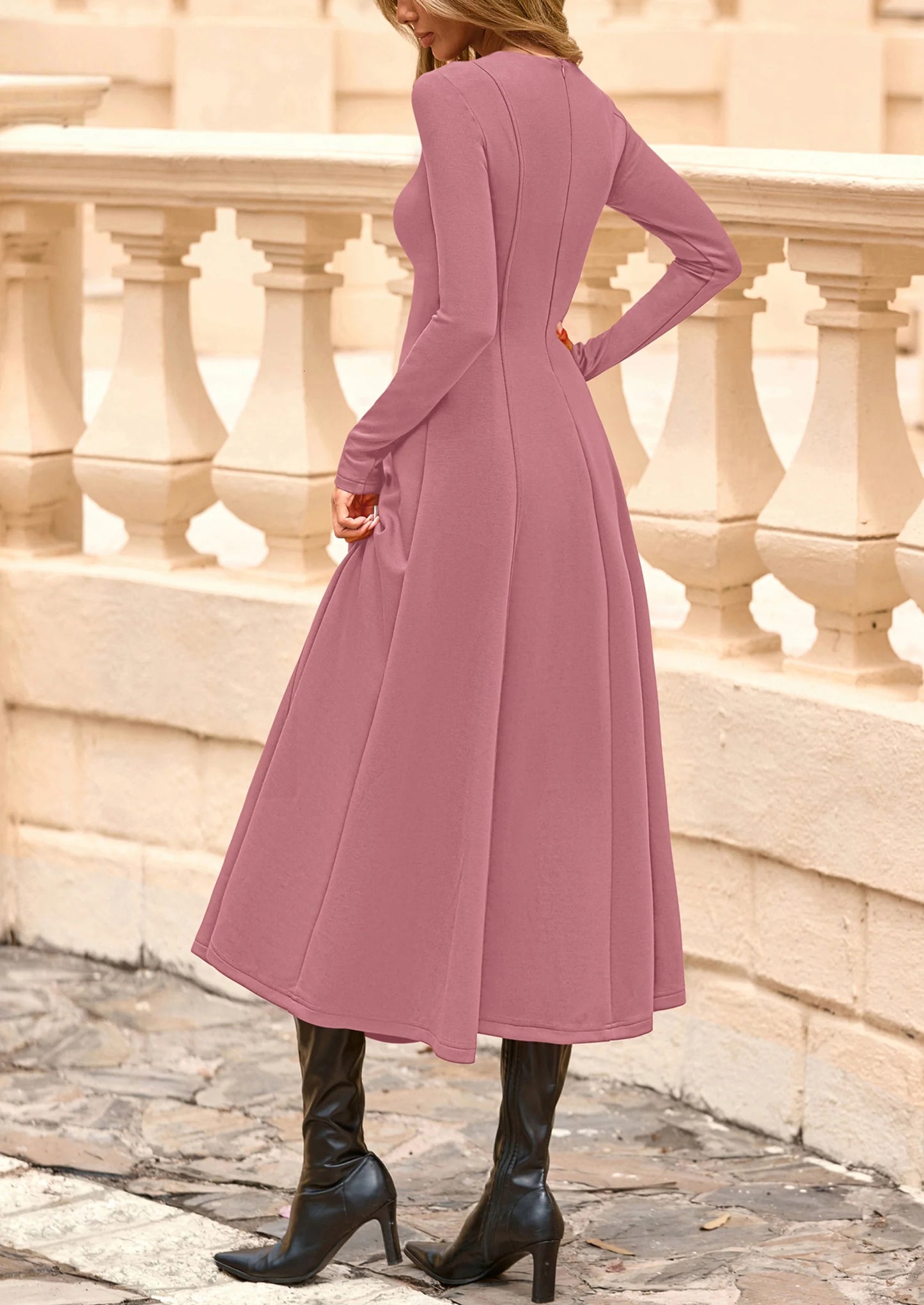 Women's Fall Long Sleeve Midi Dress Casual Elegant Ruffle Flowy A Line Swing Cocktail Party Dresses