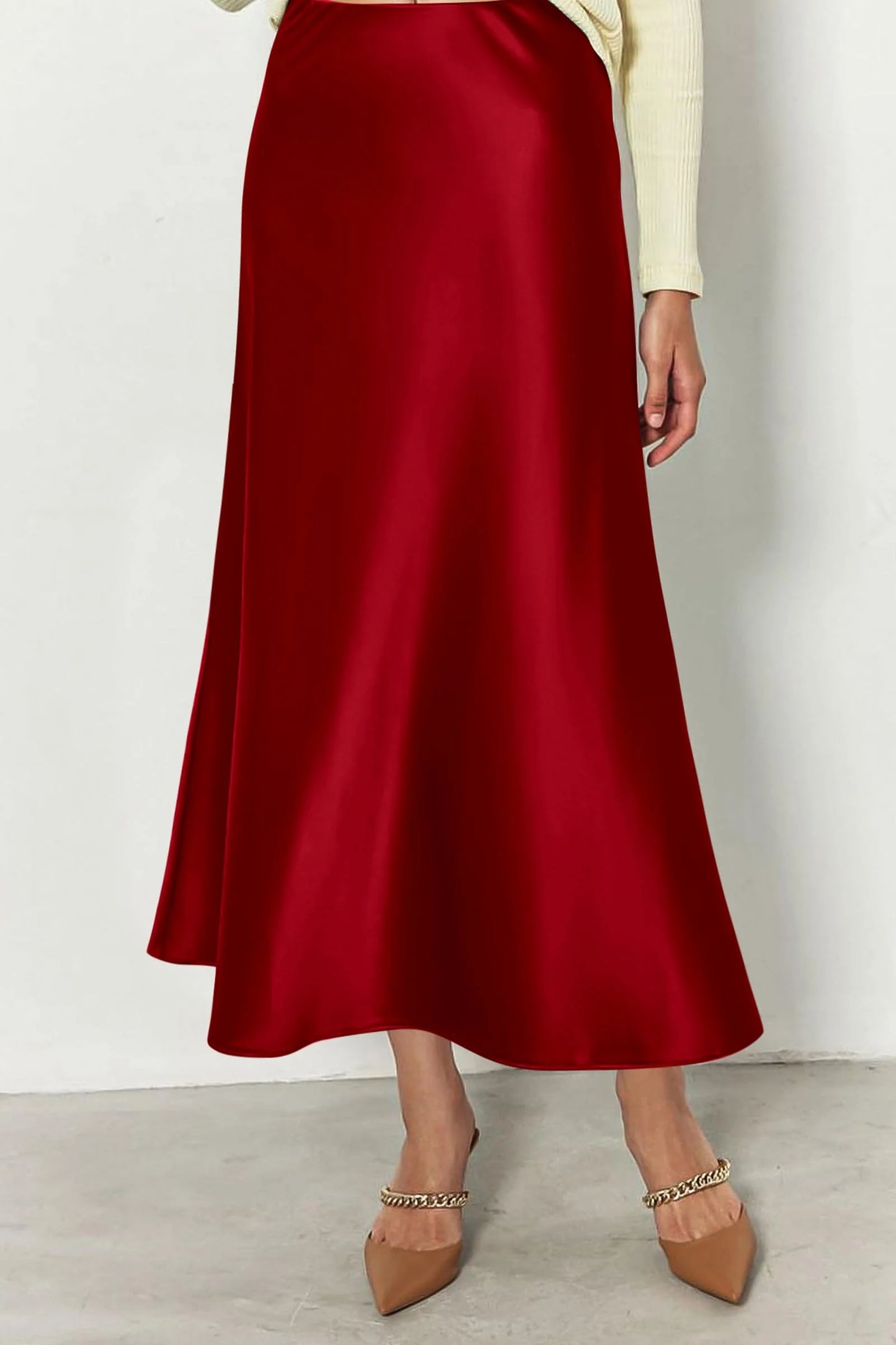 Women's Satin Skirts Dressy Casual Fall High Waisted Cocktail Wedding Flowy Elegant A Line Midi Skirt