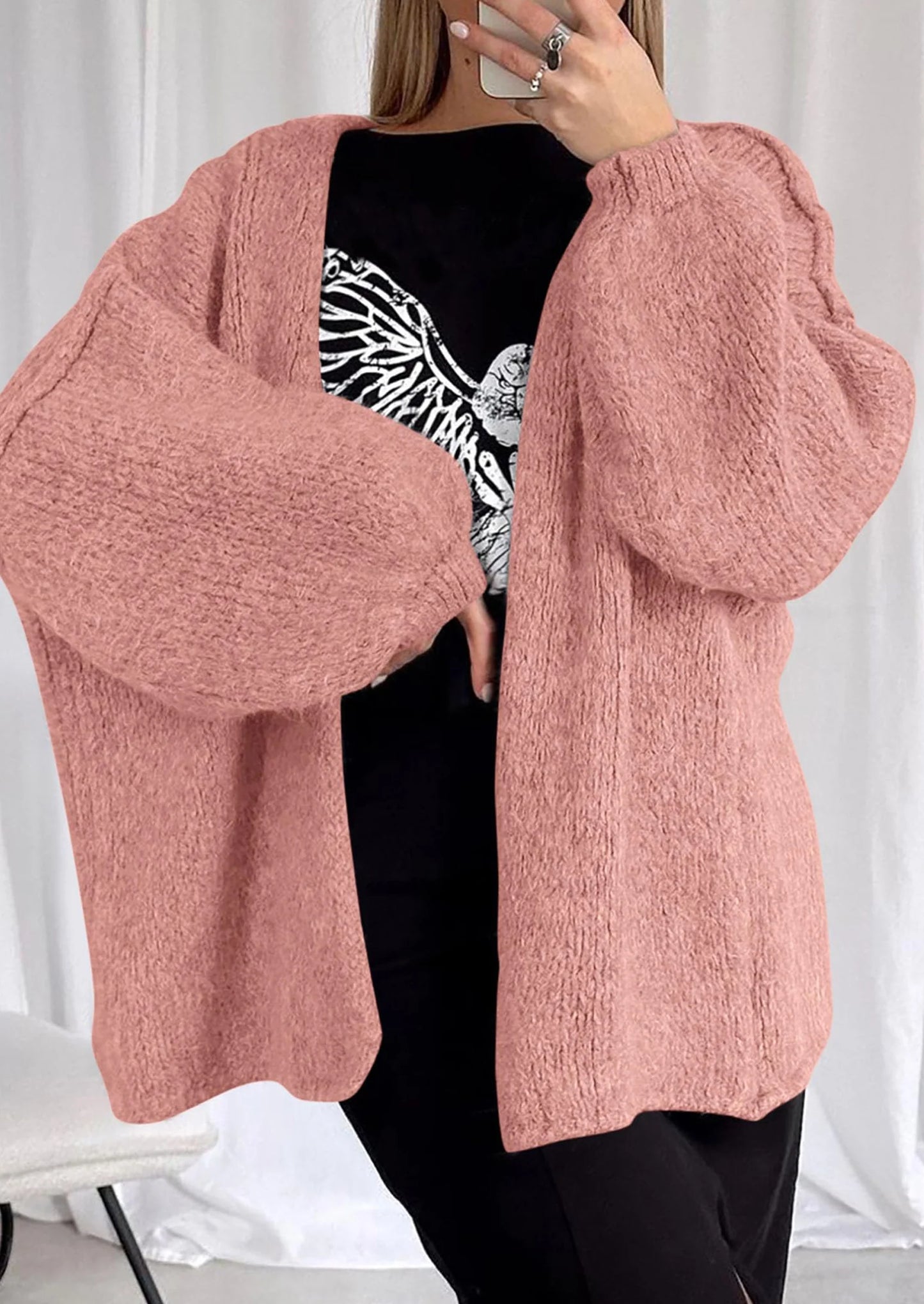 Womens Oversized Cardigan Sweaters Fall Long Lantern Sleeve Knit Open Front Lightweight Sweater
