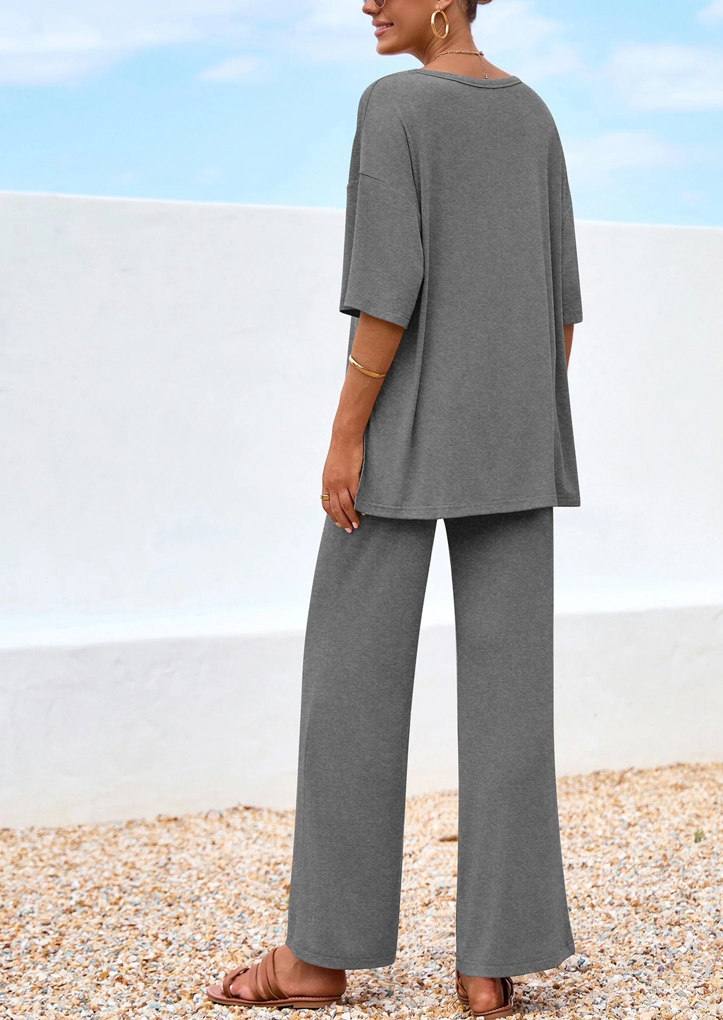 Women's 2 Piece Outfits Summer Casual V Neck Short Sleeve Tops Wide Leg Pants Matching Lounge Sets