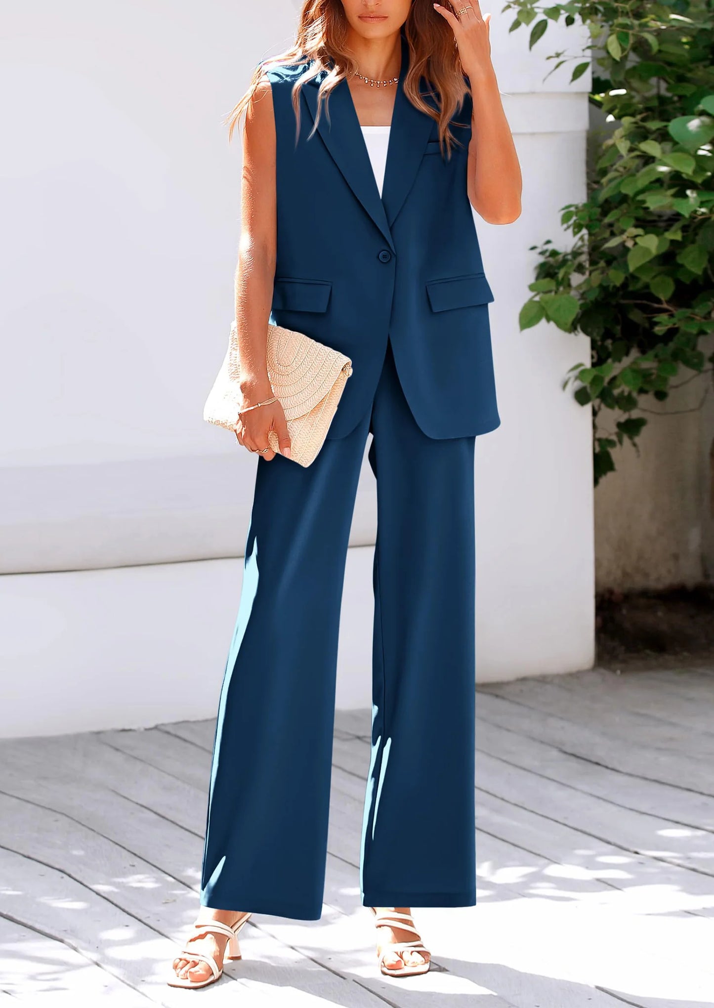 Women's 2 Piece Outfits Sleeveless Suit Vest and Wide Leg Pants Business Casual Blazer Sets