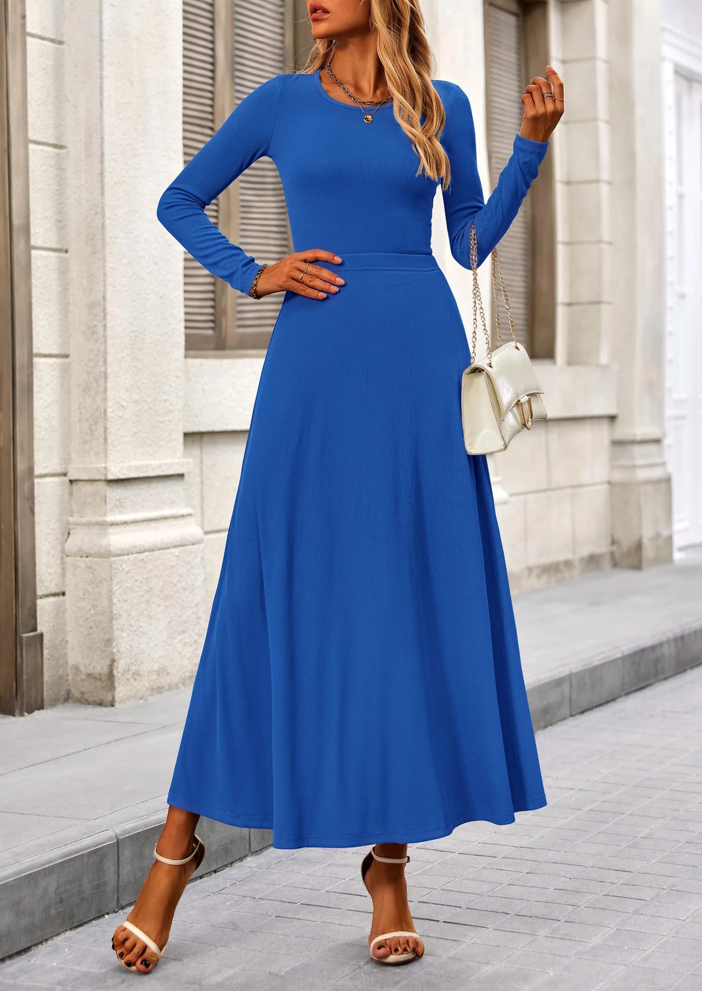 2 Piece Casual Ribbed Knit Long Sleeve Crop Tops Maxi Flowy Skirts Matching Sets
