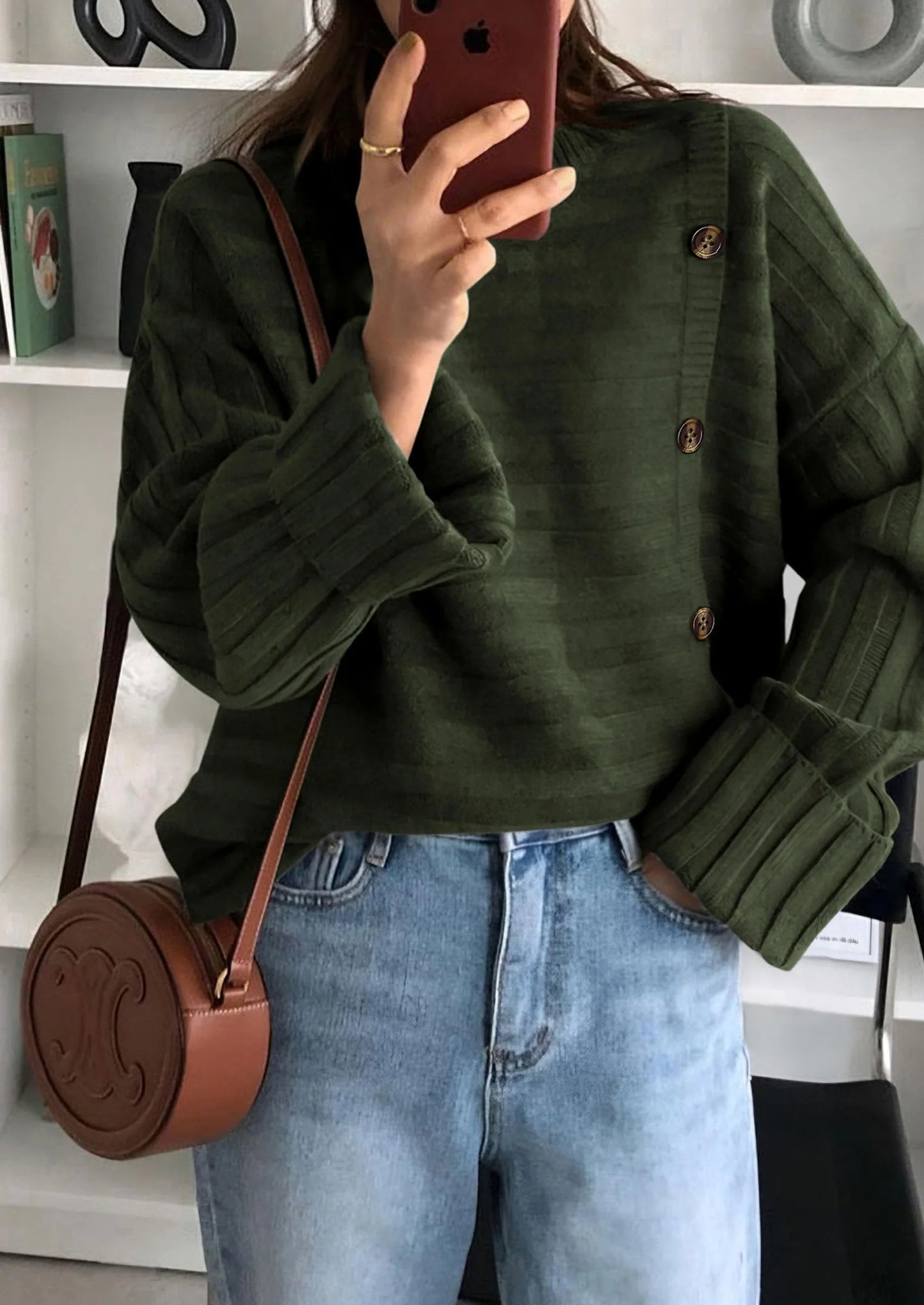 Womens Sweaters Fall Casual Long Sleeve Crewneck Button Loose Winter Knit Pullover Sweater Tops
