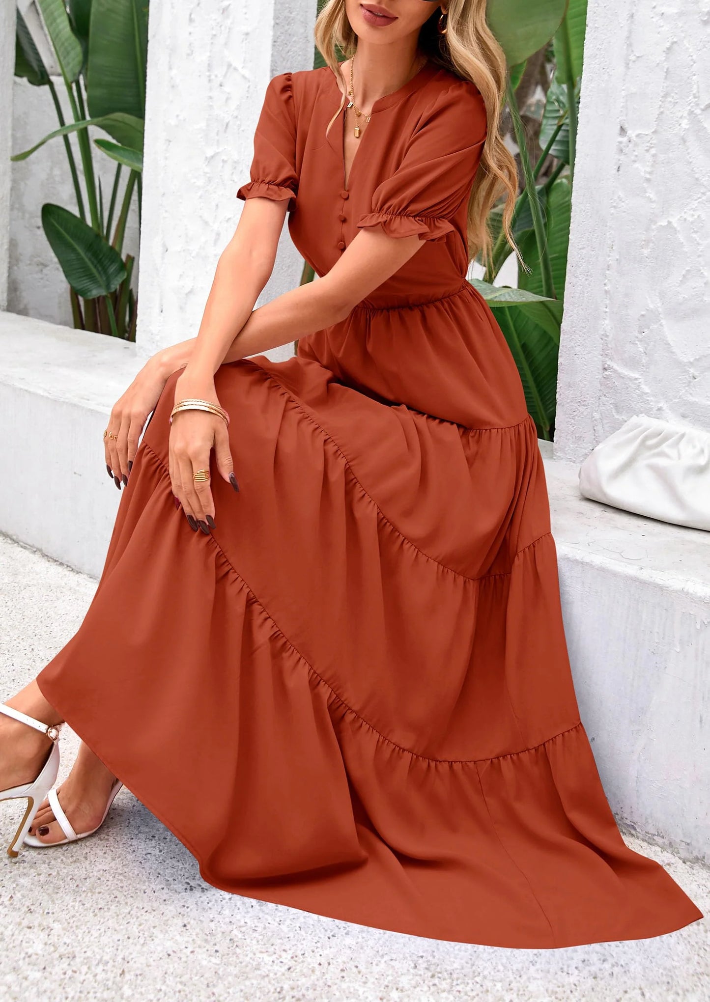 Women's Casual Short Sleeve V Neck Midi Dresses Spring A-line Tiered Wedding Guest Dress