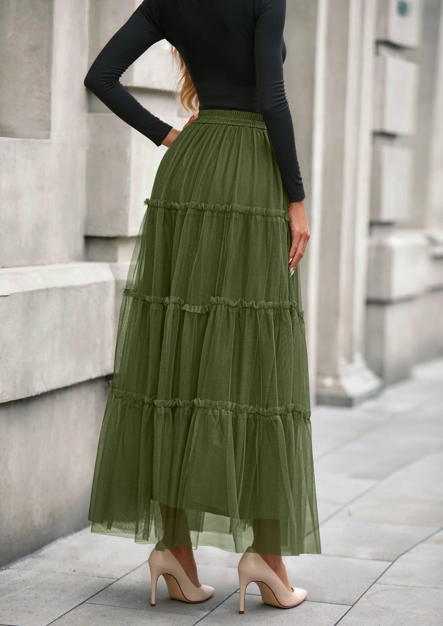 Maxi Skirts for Women Fall Tulle High Waisted Ruffle Flowy A-Line Long Skirt Country Concert Outfits