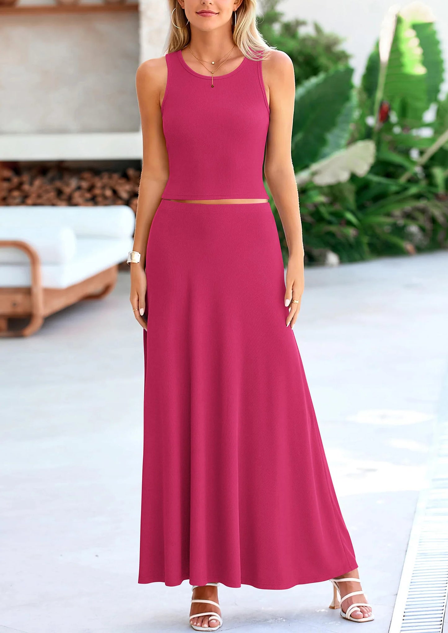 2 Piece Maxi Skirt Sets Casual Knit Cropped Tank Top High Waisted Long Skirts Outfit