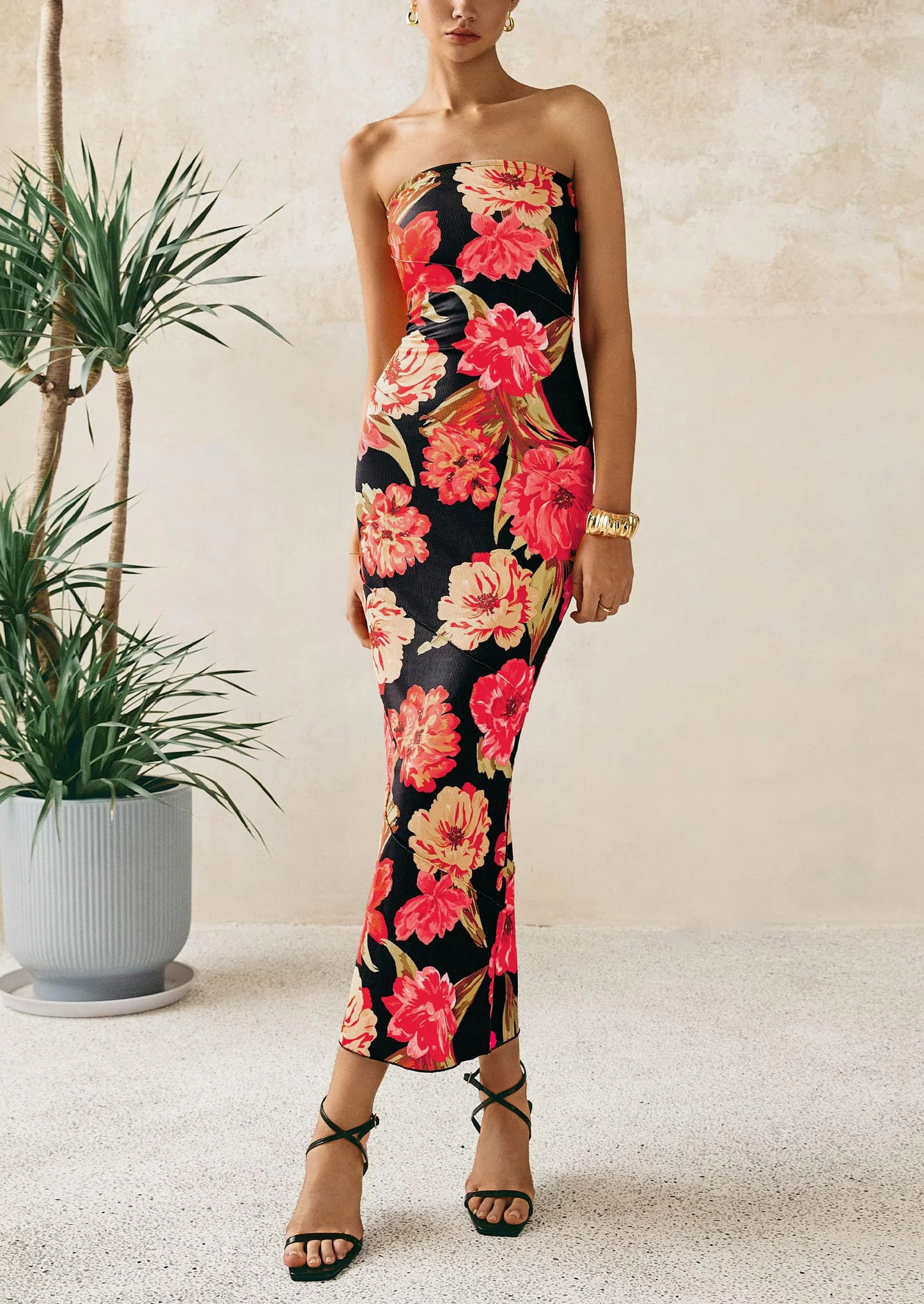 Women's Floral Bodycon Maxi Dresses Ribbed Strapless Tube Casual Boho Party Long Dress