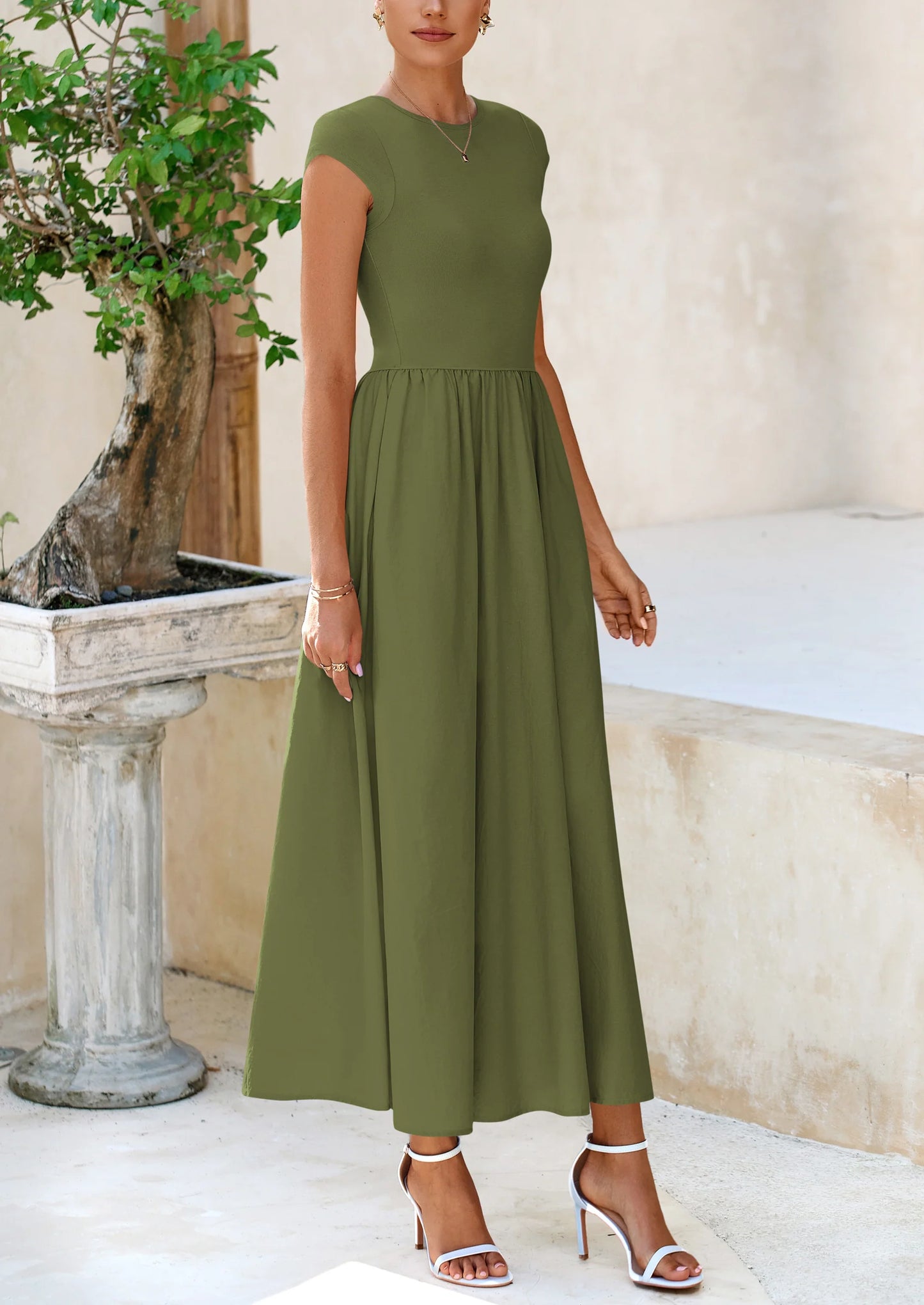 Women's Casual Long Dresses Cap Sleeve Patchwork A Line Flowy Modest Elegant Homecoming Maxi Dress