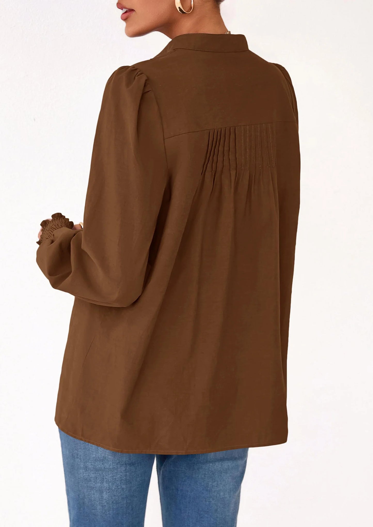 Womens Fall Lantern Long Sleeve Shirts Trendy Button V Neck Pleated Henley Tops Loose Work Blouses