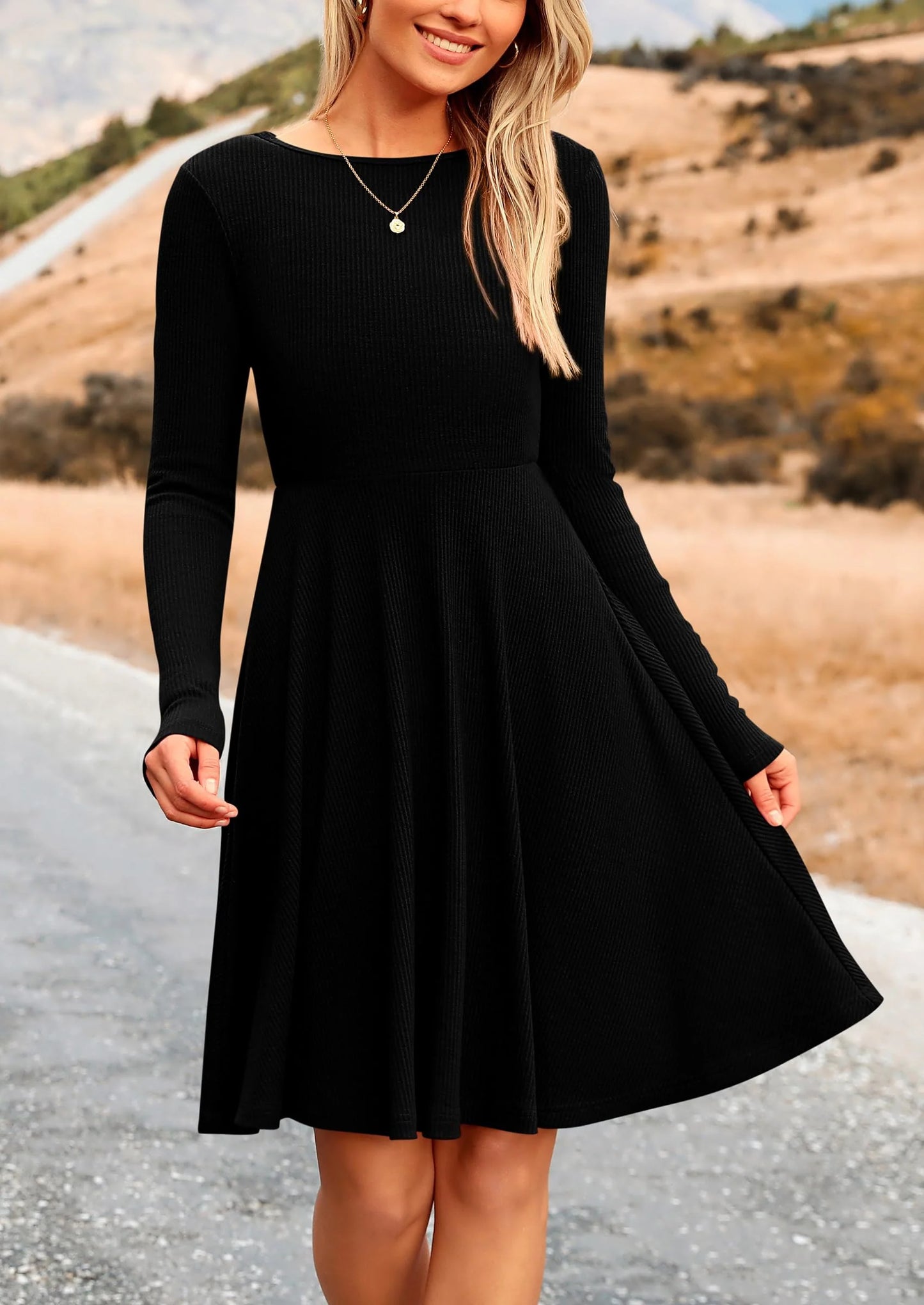 Women's Spring Fall Short Dress Ribbed Knit Crewneck Long Sleeve A Line Flowy Casual Elegant Going Out Dresses