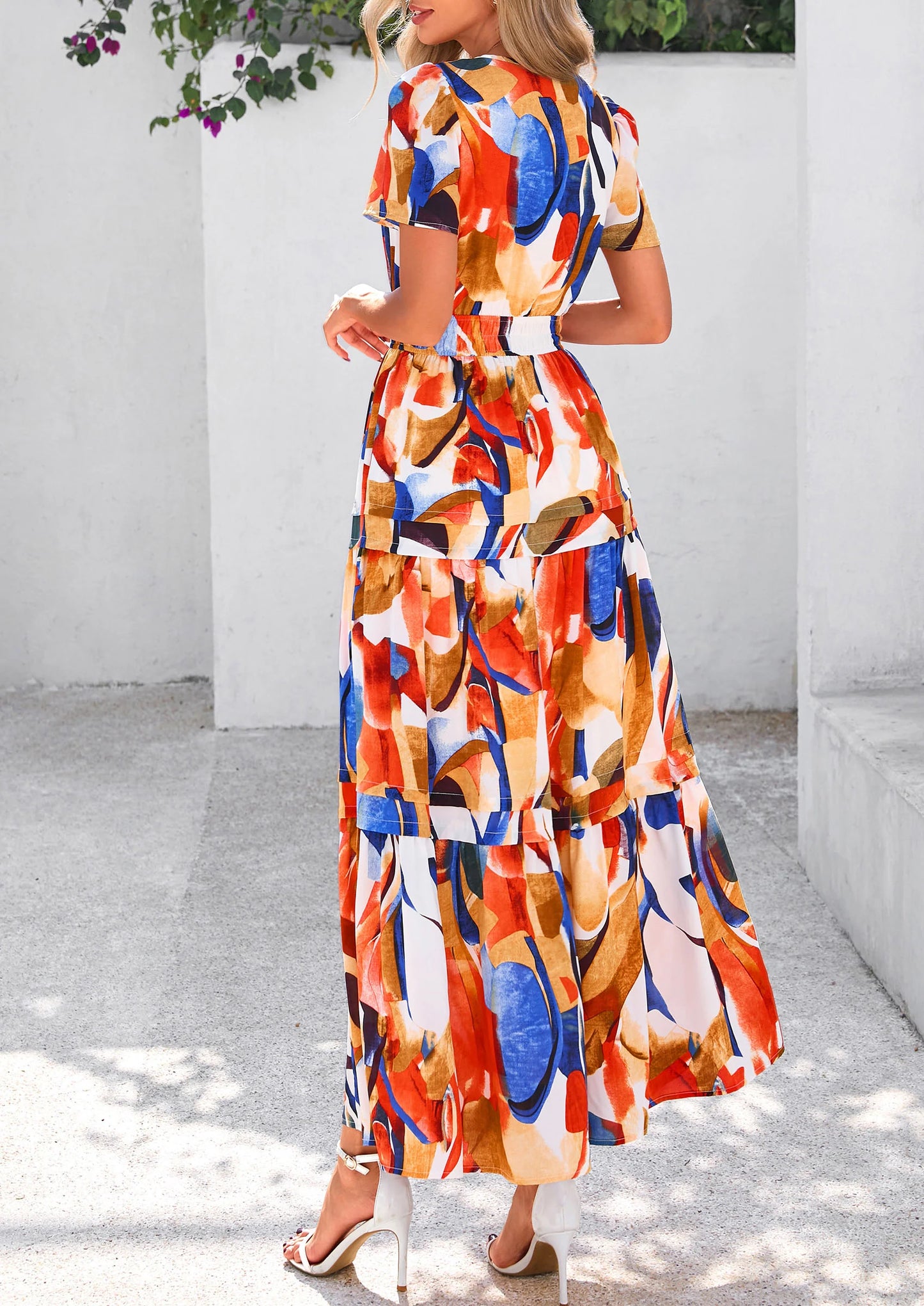 Women's Boho Maxi Dresses Floral Short Sleeve V Neck A Line Tiered Flowy Long Beach Vacation Dress