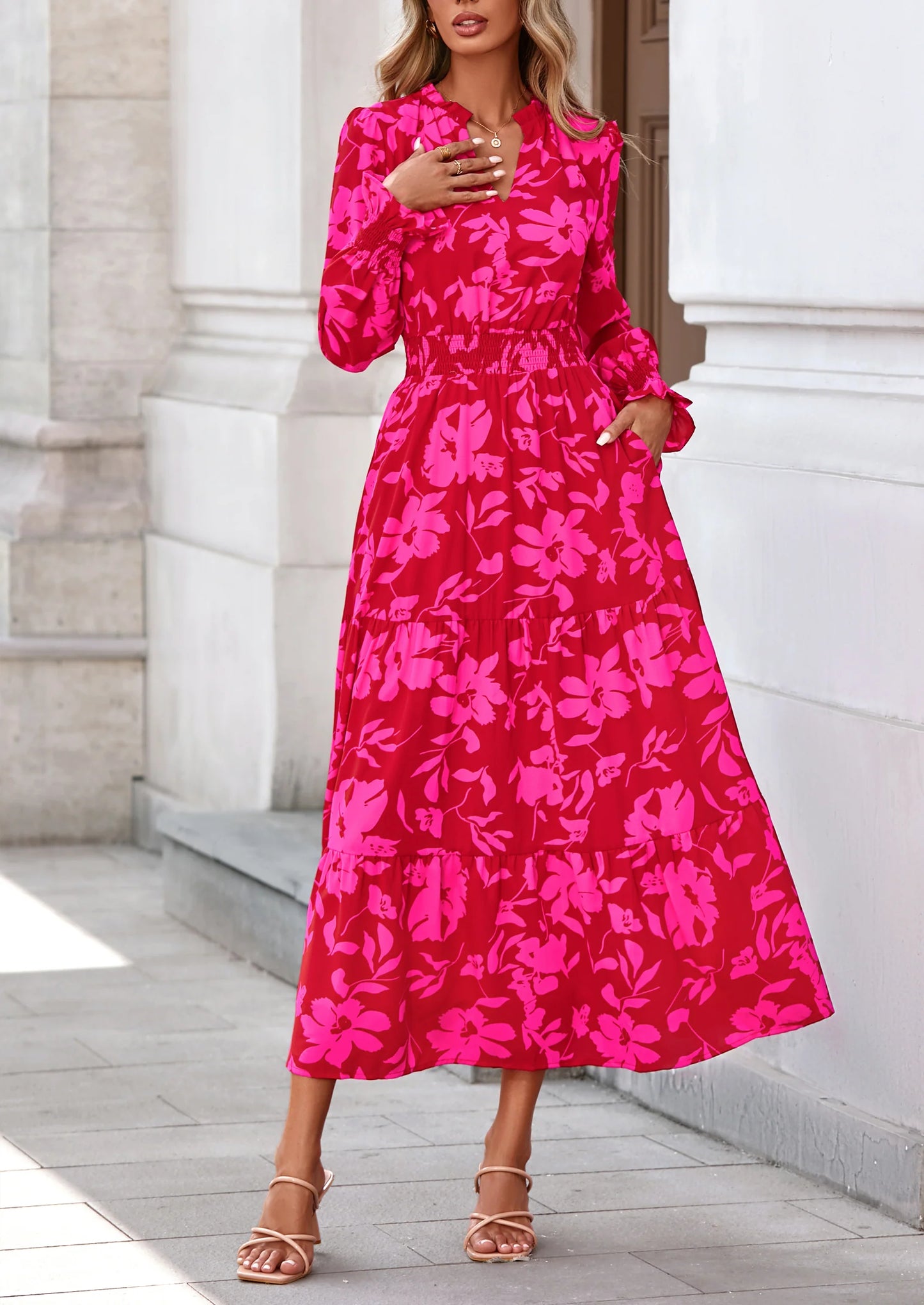 Women's Floral Maxi Dress Spring Long Sleeve V Neck Casual A Line Long Flowy Boho Party Dresses