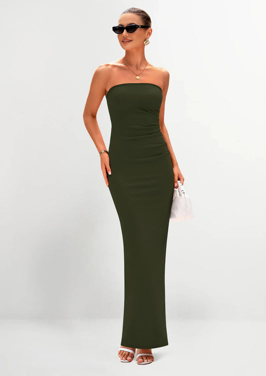 Women's Semi Formal Cocktail Dresses Strapless Tube Bodycon Ruched Evening Wedding Guest Maxi Dress