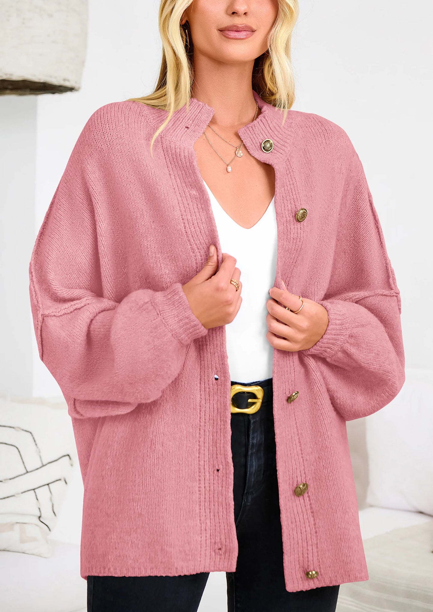 Women's Winter Button Down Cardigan Sweaters Mock Neck Lantern Long Sleeve Chunky Knit Jacket Trendy Outerwear